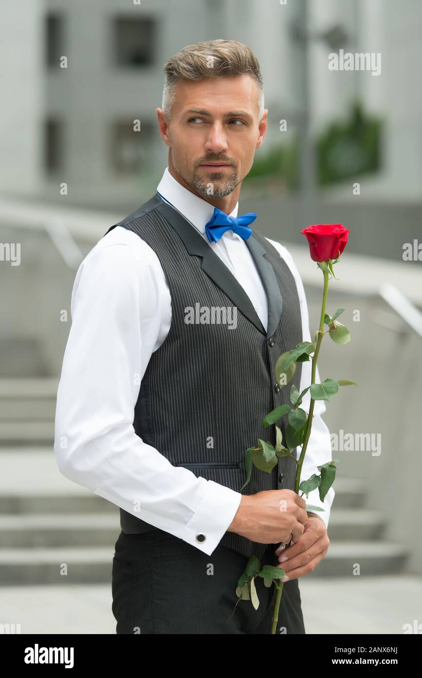 Caballero real celebración aumentó en mano. ser mi Valentín. Día de las  mujeres concepto. Hombre con rosa flor. Hombre de vestimenta formal la  celebración de rosa roja. Poner en una pajarita. mens