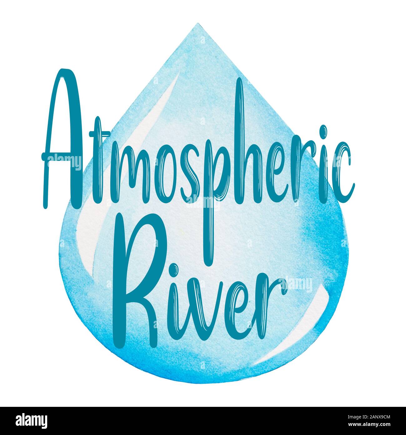 Gráfico de río atmosférico con una gran rindrop de agua sobre un fondo blanco. Texto moderno y moderno. Fenómeno meteorológico importante que es un río Foto de stock