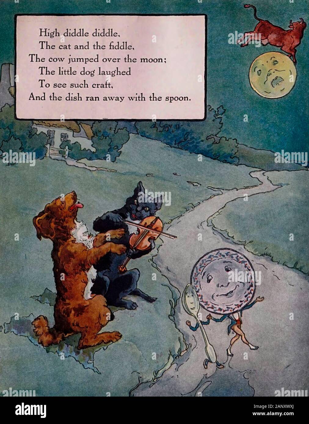Alta Diddle Diddle, el gato y el violín, la Vaca saltó por encima de la luna. El perrito rió para ver este tipo de embarcaciones y el plato se escapó con la cuchara - Ilustración Vintage de rima musical Foto de stock