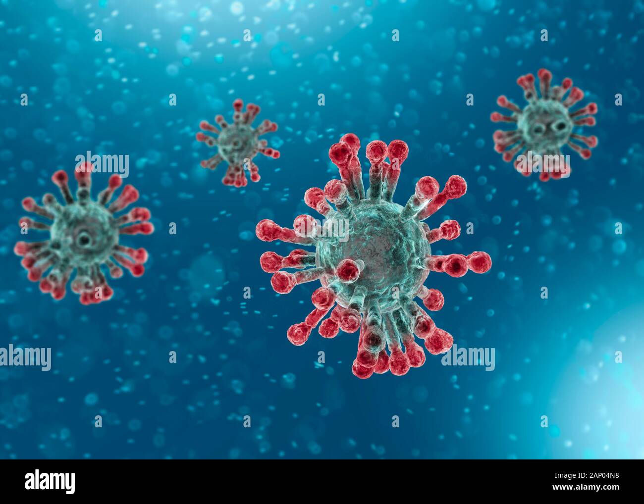 Vista microscópica de los coronavirus, un patógeno que ataca el tracto respiratorio. Análisis y ensayo, experimentación. El SRAS. 3D Render Foto de stock