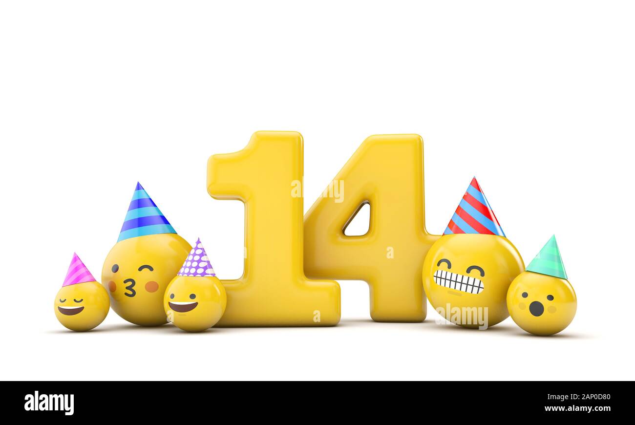 Número 14 emoji celebración de fiestas de cumpleaños. 3D Render ...