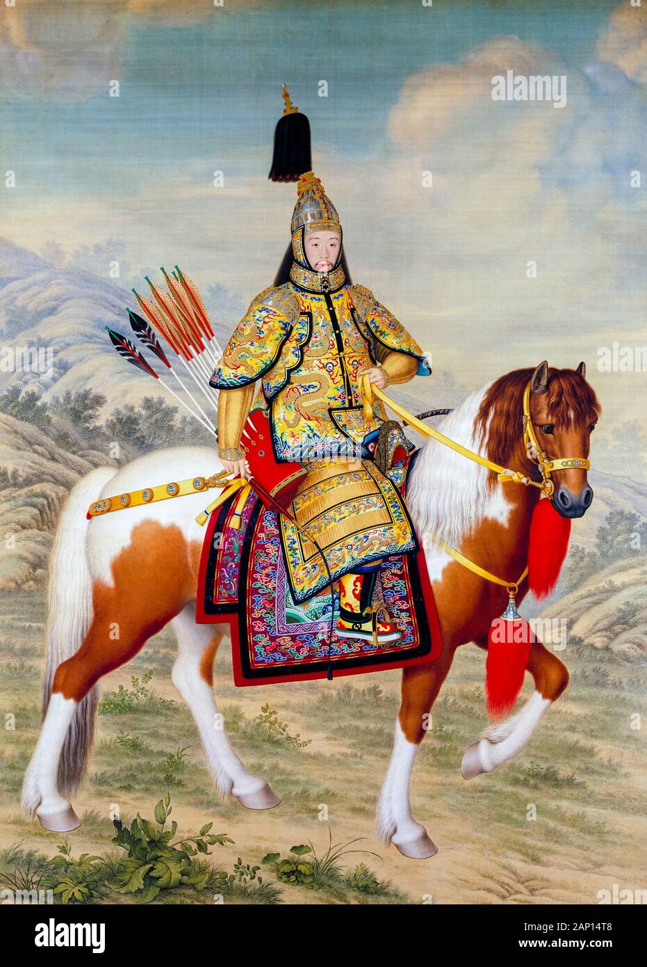 El Emperador Qianlong (1711-1799), retrato ecuestre en armaduras ceremoniales a caballo por Giuseppe Castiglione, 1758 Foto de stock