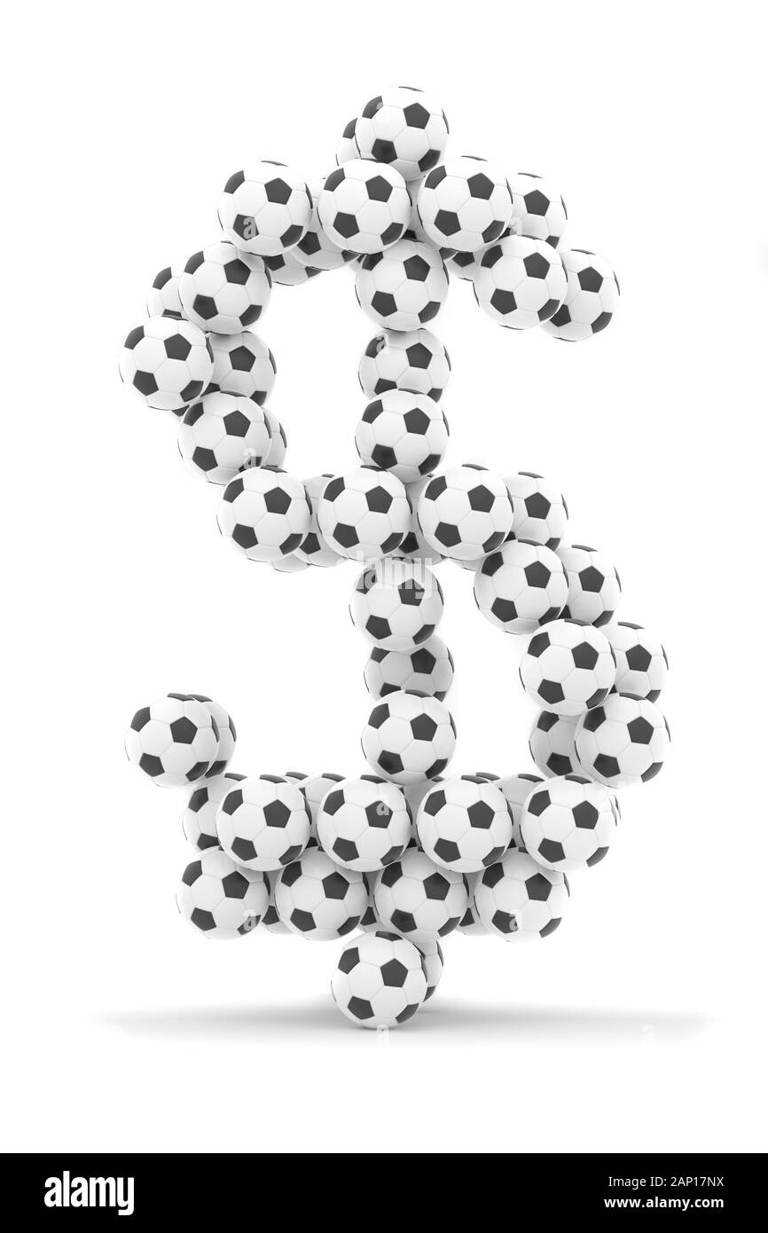 3D Render: Clásicos pelotas de fútbol en blanco y negro formando un signo de dólar. Los grandes negocios / la corrupción en el deporte, el fútbol, el fútbol americano. Aislado en blanco. Foto de stock