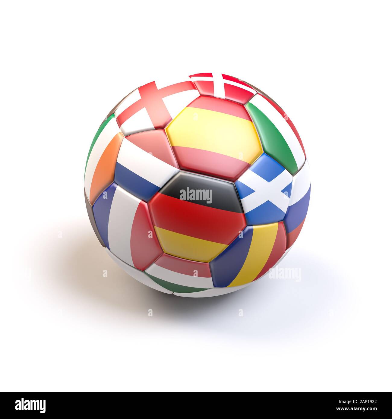 3D Render: balón de fútbol con banderas de todos los países anfitriones del Campeonato Europeo de Fútbol 2020 Foto de stock