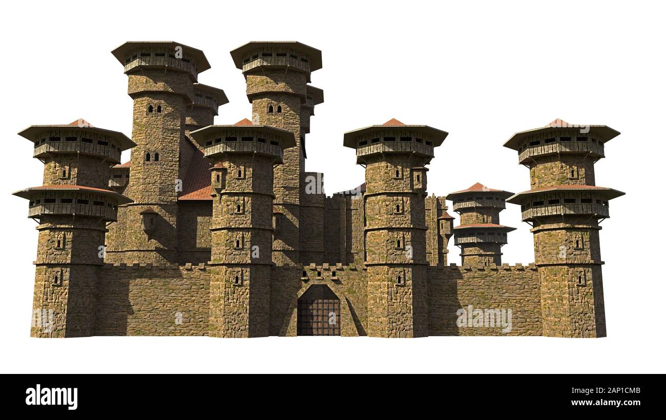 Castillo medieval con torres de vigilancia y puerta aislado sobre fondo blanco. Foto de stock