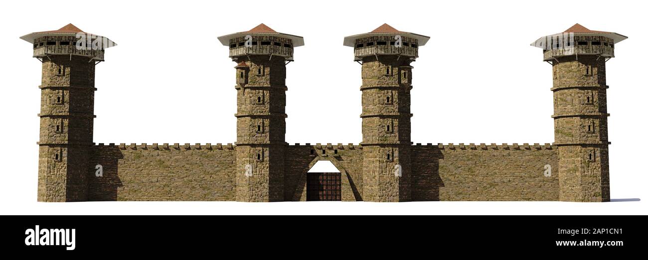 Muralla del Castillo medieval con torres de vigilancia y puente levadizo aislado sobre fondo blanco. Foto de stock