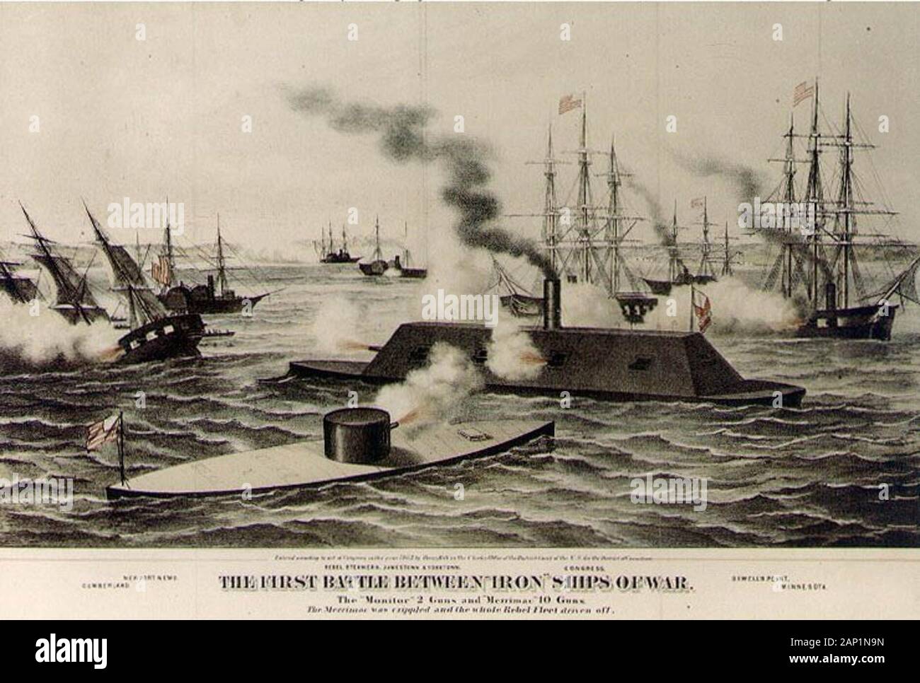 Primera Batalla de hierro de los buques de guerra por Henry Bill. Mostrados son USS Monitor, CSS Virginia, USS Cumberland, CSS Jamestown, USS Congress, y USS Minnesota Foto de stock