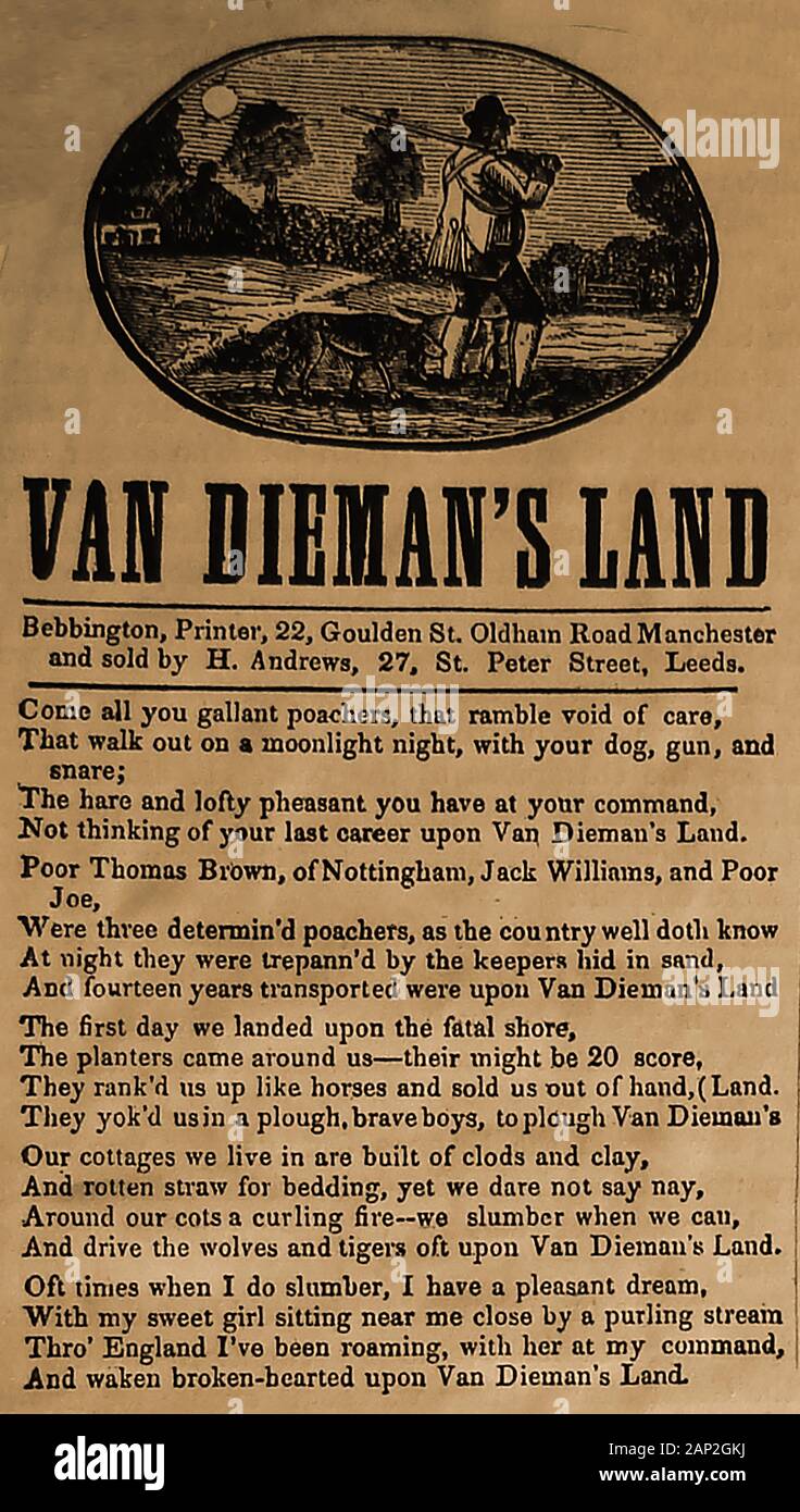 Las leyes de juego - un antiguo cartel inglés amenazando el transporte a tierra de Van Dieman (Australia) por caza furtiva Foto de stock