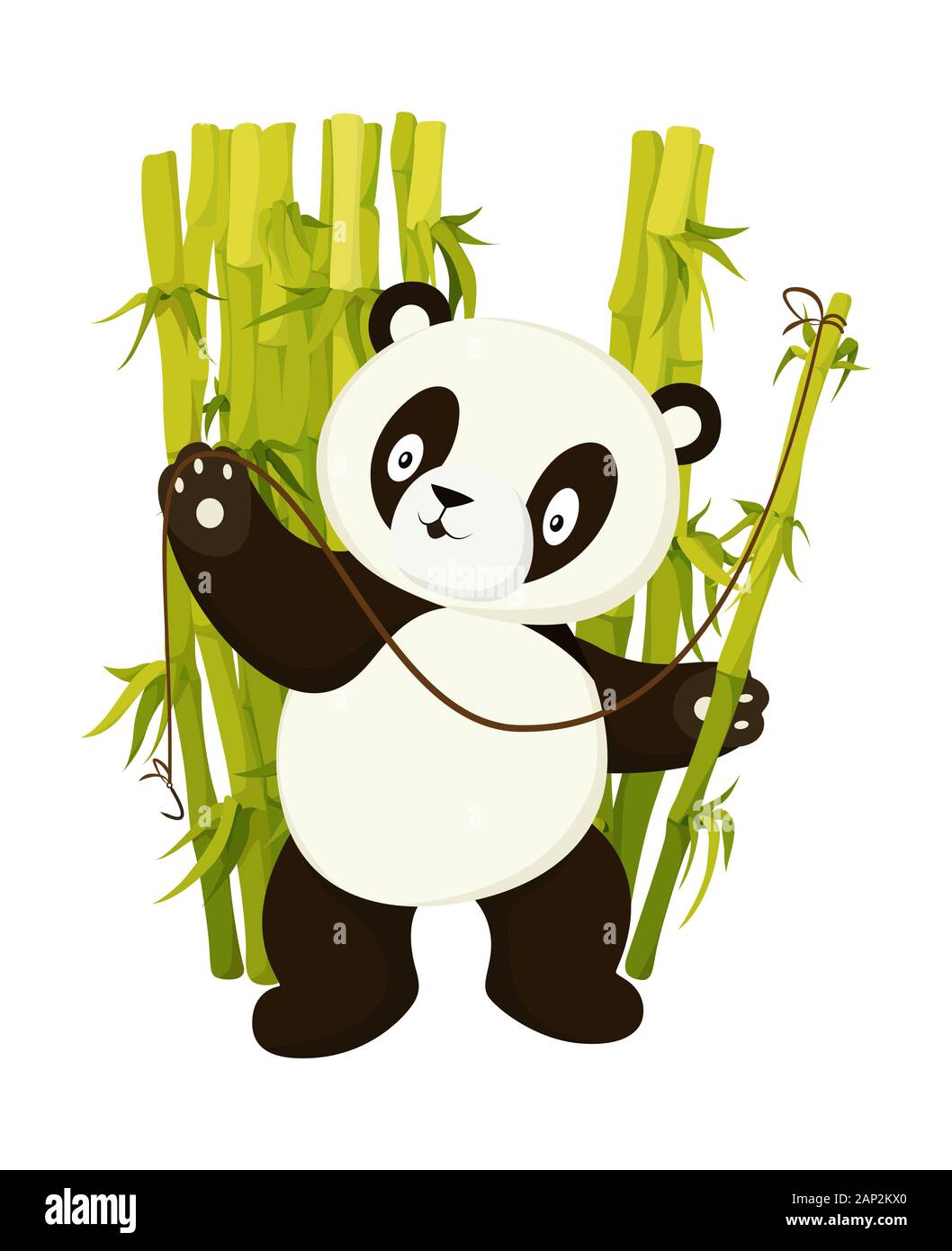 Lindo oso panda pesca con tallo de bambú plana ilustración aislada de vectores Ilustración del Vector