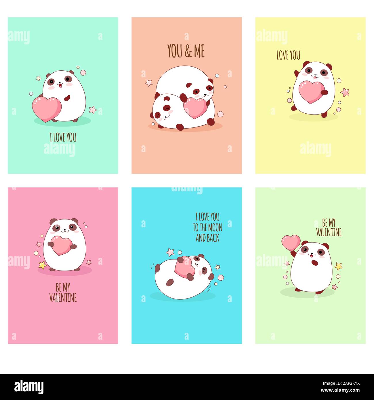 Día de San Valentín vector colección de pegatinas. Conjunto de tarjetas con  cute pandas con corazones de color rosa en estilo kawaii. Inscripción - ser  mi Valentín, I love you Imagen Vector