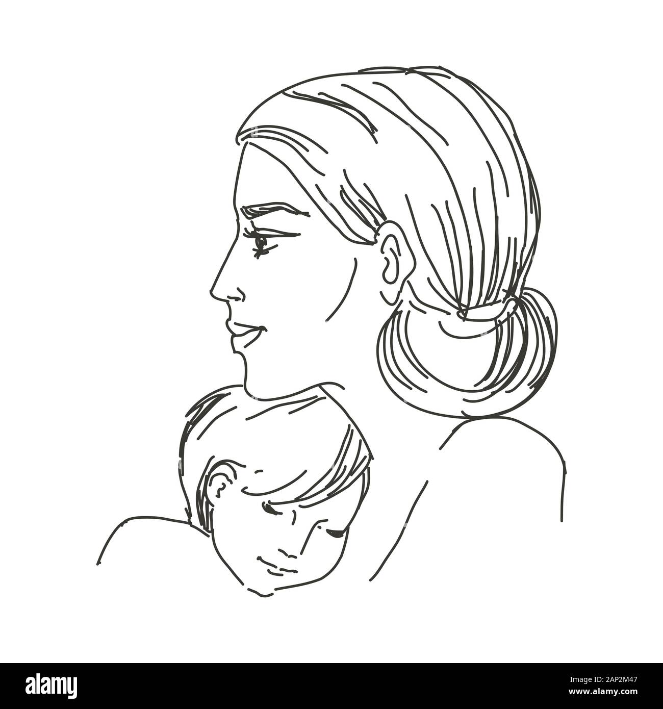 Bosquejo en las líneas. Blanco y negro. Mujer con un niño en sus brazos. Una joven madre abraza a su bebé. Vector aislados. Ilustración del Vector