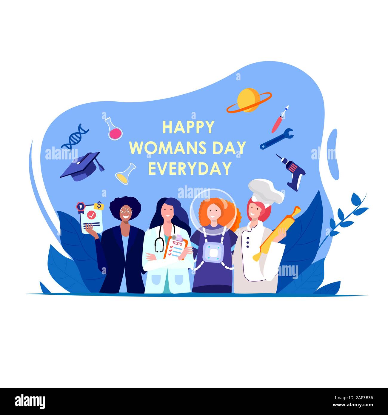 Feminismo Concept.Women in Costume of Lawyer,Financier, Astronaut