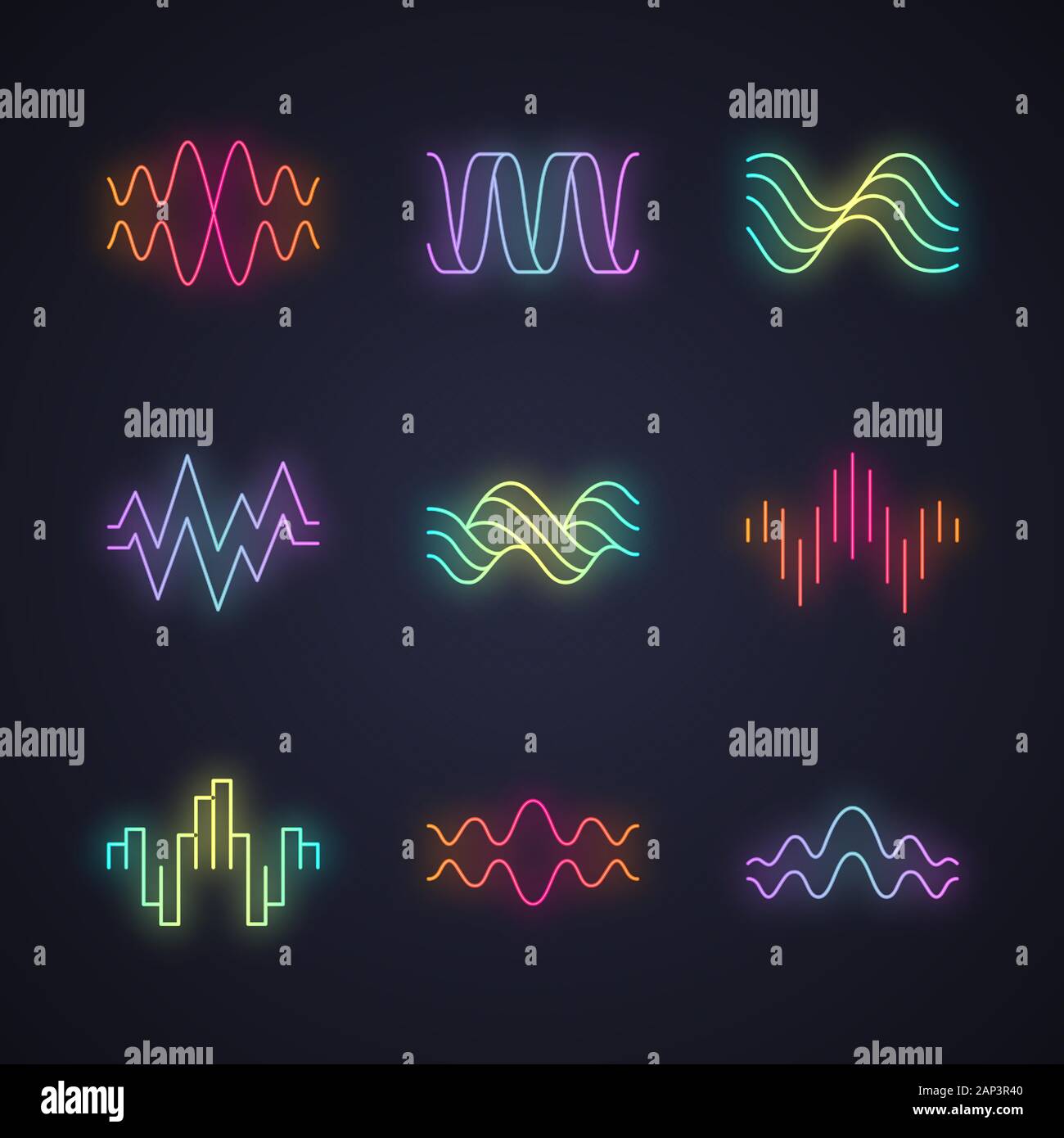 Las ondas de sonido luz de neón de conjunto de iconos. Signos  resplandecientes. La música, el ritmo del pulso cardíaco. Las ondas de  sonido, señales de radio logotipo. Formas de onda digitales,