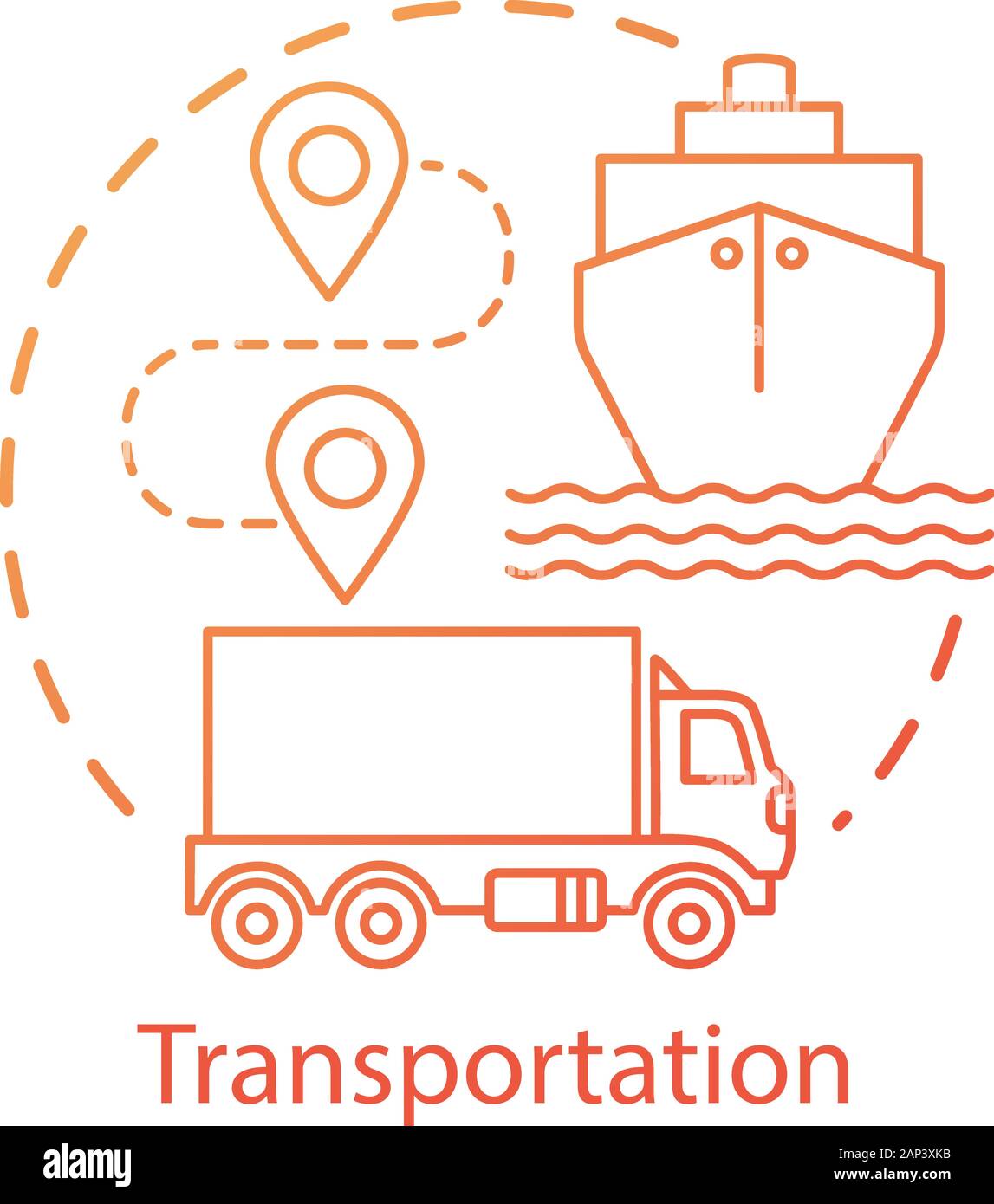 Icono del concepto de transporte. Envíos por mar y por tierra. Ruta, barco, camión. Logística y Icono del concepto de transporte. Envíos por mar y por tierra. Ruta, barco, camión. Logística y