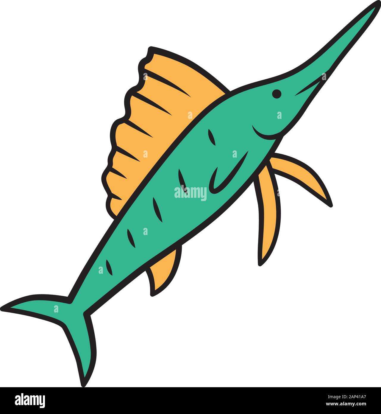 Icono de pez vela de color verde. Pez nadando con fuerte nariz larga.  Submarino animal pez espada. La pesca. Criatura acuática. Naturaleza  marina. La fauna del océano, Mar i Imagen Vector de