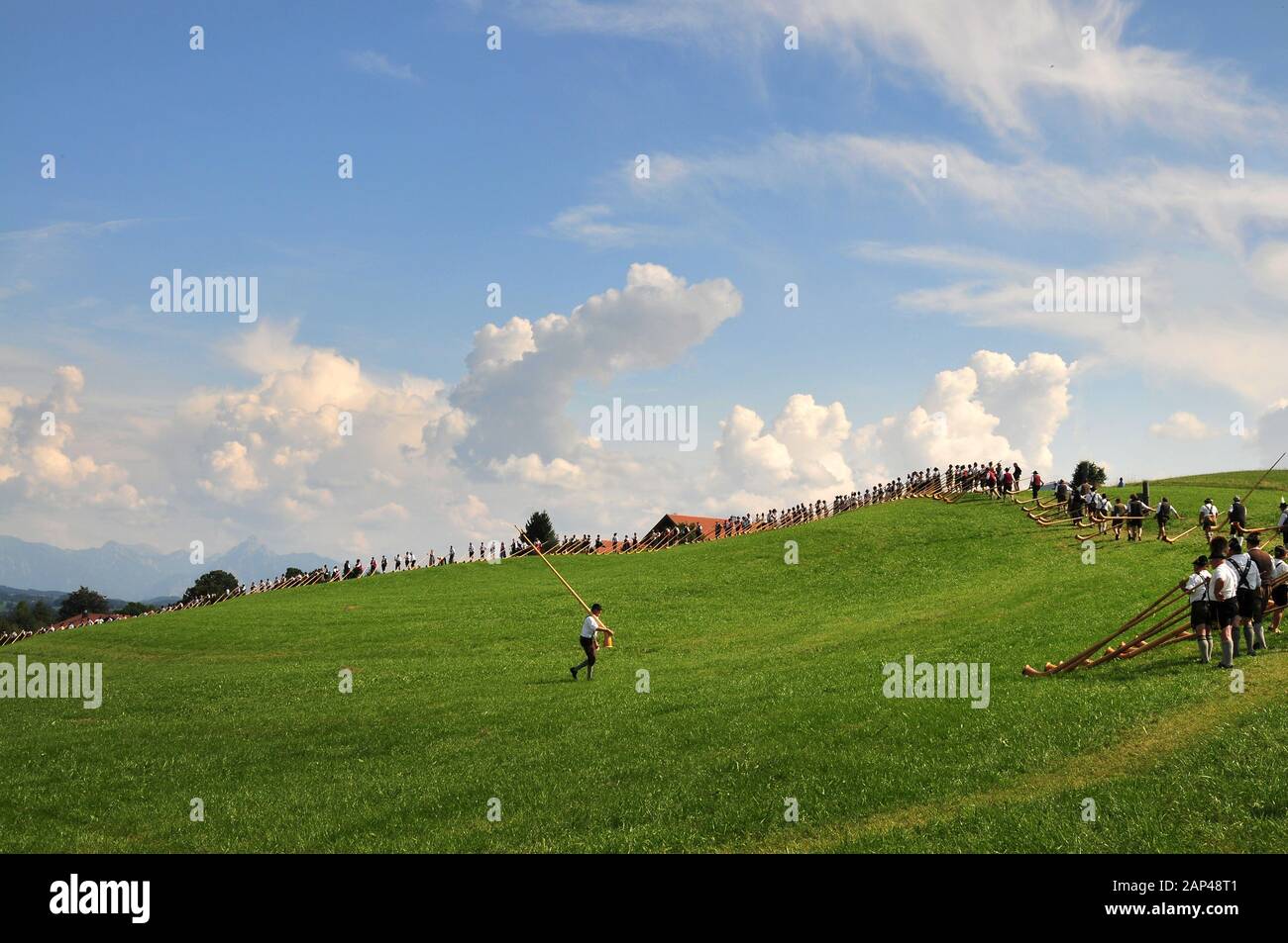 Jugadores de Alphorn en un prado alpino en Allgäu, Swabia, Baviera, Alemania, Europa Foto de stock