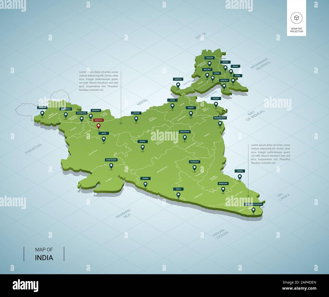 Mapa Estilizado De La India Green Map 3d Isométrica Con Ciudades