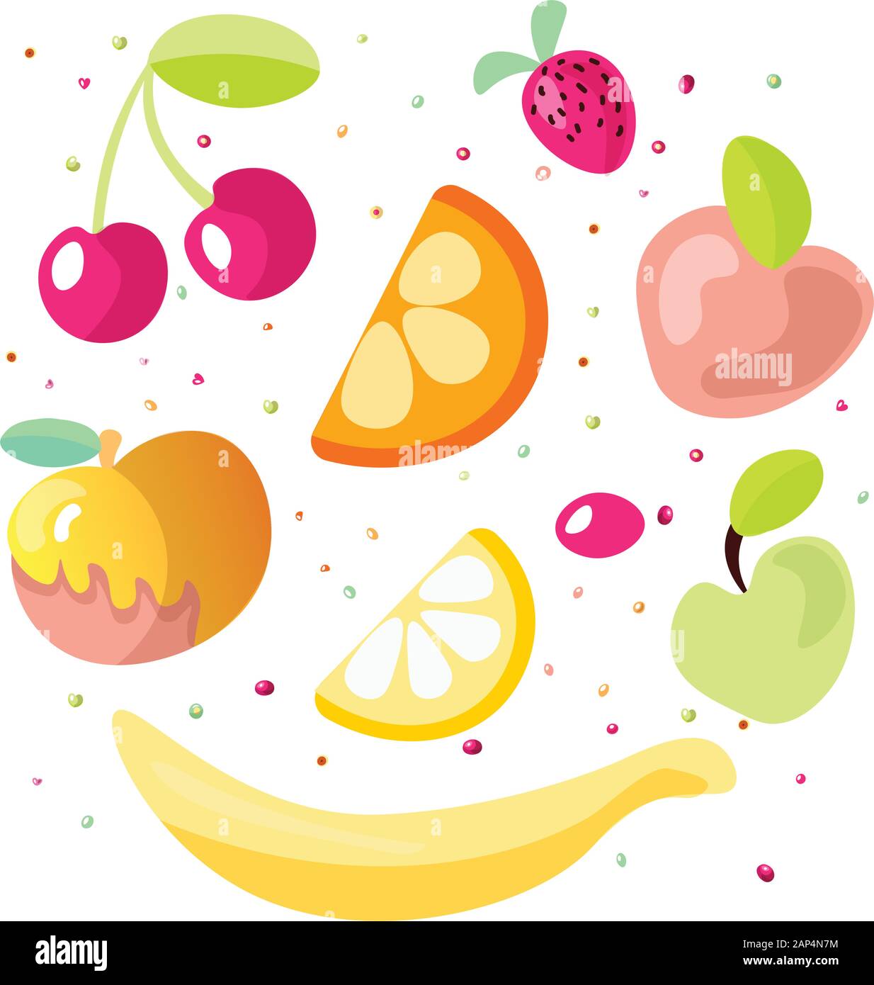 Cute dibujos animados Colección de frutas. Icono de frutas dulces, postres  de frutas de verano aislado sobre fondo blanco. Cereza, Naranja, limón,  manzana y fresa en Imagen Vector de stock - Alamy