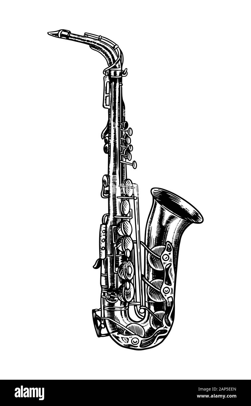 En monocromo de Saxofón Jazz grabado estilo vintage. Dibujadas a mano  trompeta boceto para el blues y el ragtime Festival Cartel. Viento clásico  musical Imagen Vector de stock - Alamy