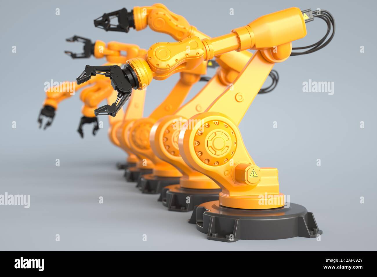 Brazos de robot industrial en una fila. Ilustración 3D, 3D rendering Foto de stock