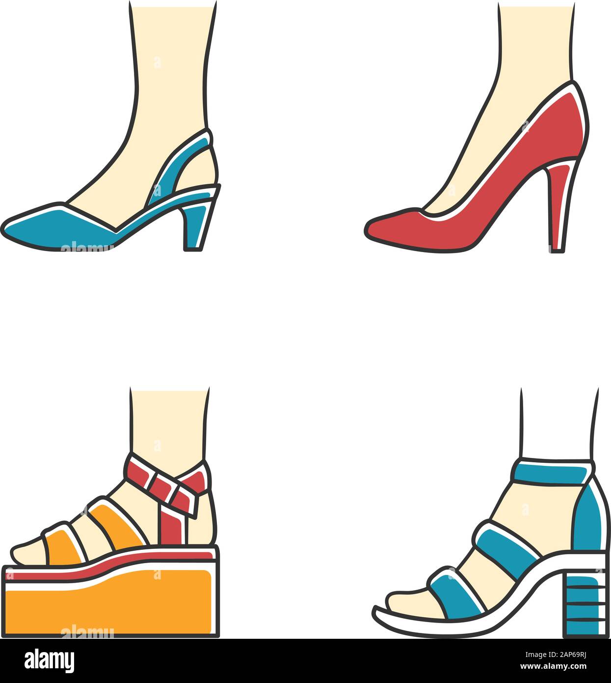 mujeres zapatos de verano iconos de colores. Mujer elegante calzado informal y formal. Elegante plataforma y sandalias de tacón de bloque. Moda stil Imagen Vector de stock - Alamy