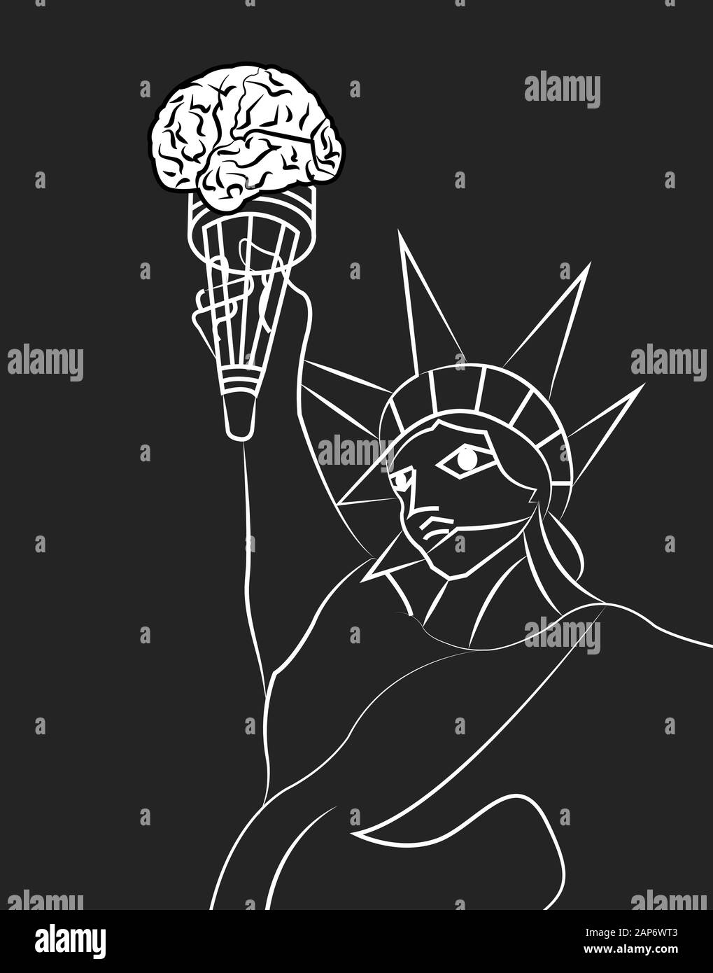 ilustración de la estatua de la libertad con una antorcha con un cerebro como una llama Foto de stock