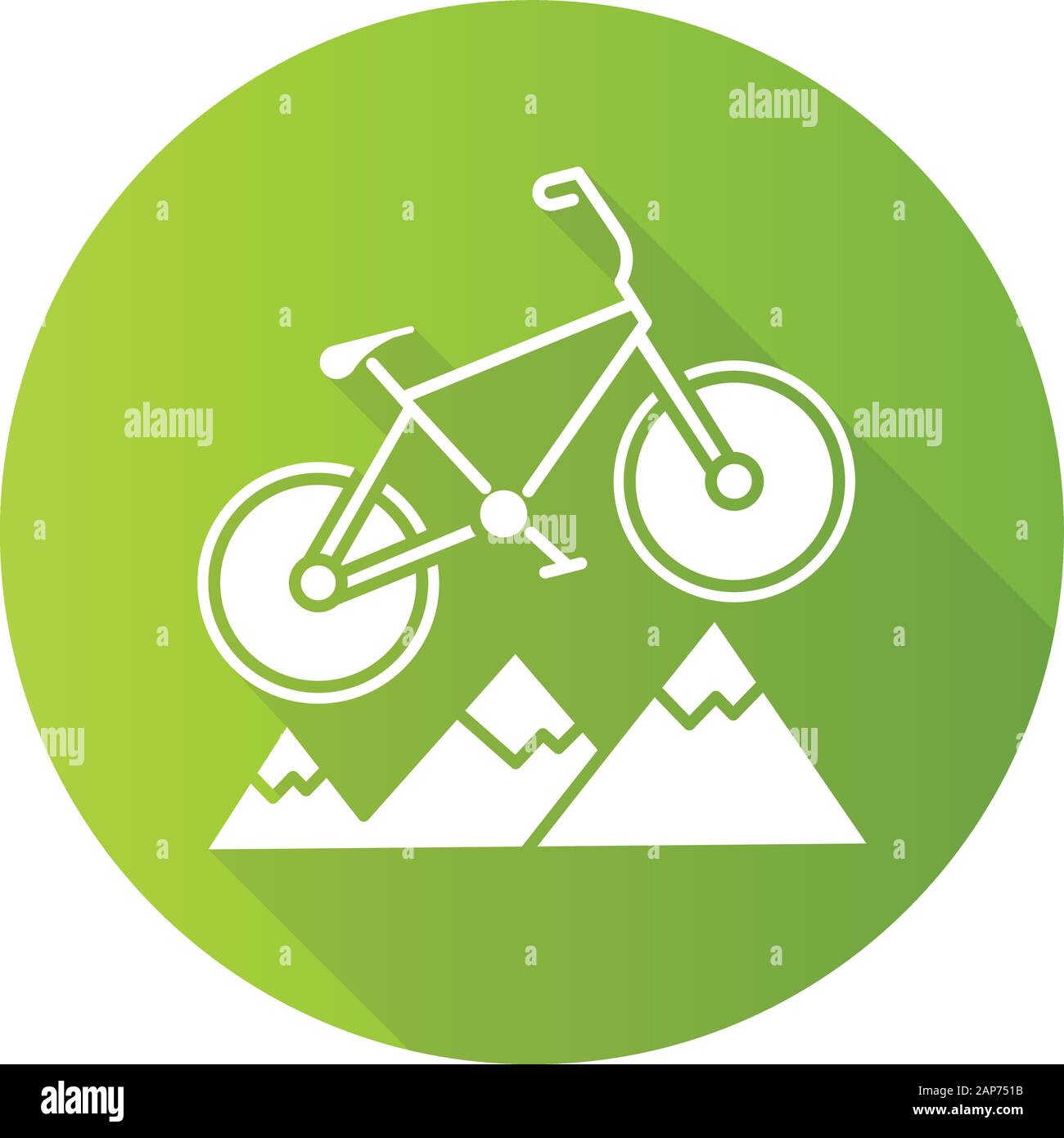 Ciclismo de Montaña Verde diseño plana larga sombra glifo icono. Cross-country, descenso en bicicleta. La actividad deportiva al aire libre. Cabalgando sobre un terreno accidentado. Extre Ilustración del Vector