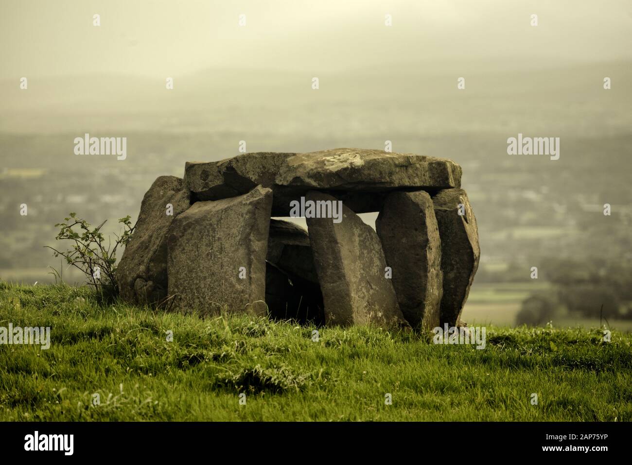 Craigs Bajo prehistórico de 4000 años de edad tumba de paso, Ballymoney, N. Irlanda. Cámara funeraria neolítica. La tumba De la Corte De Piedra Ancha es 800m N.E. de aquí Foto de stock