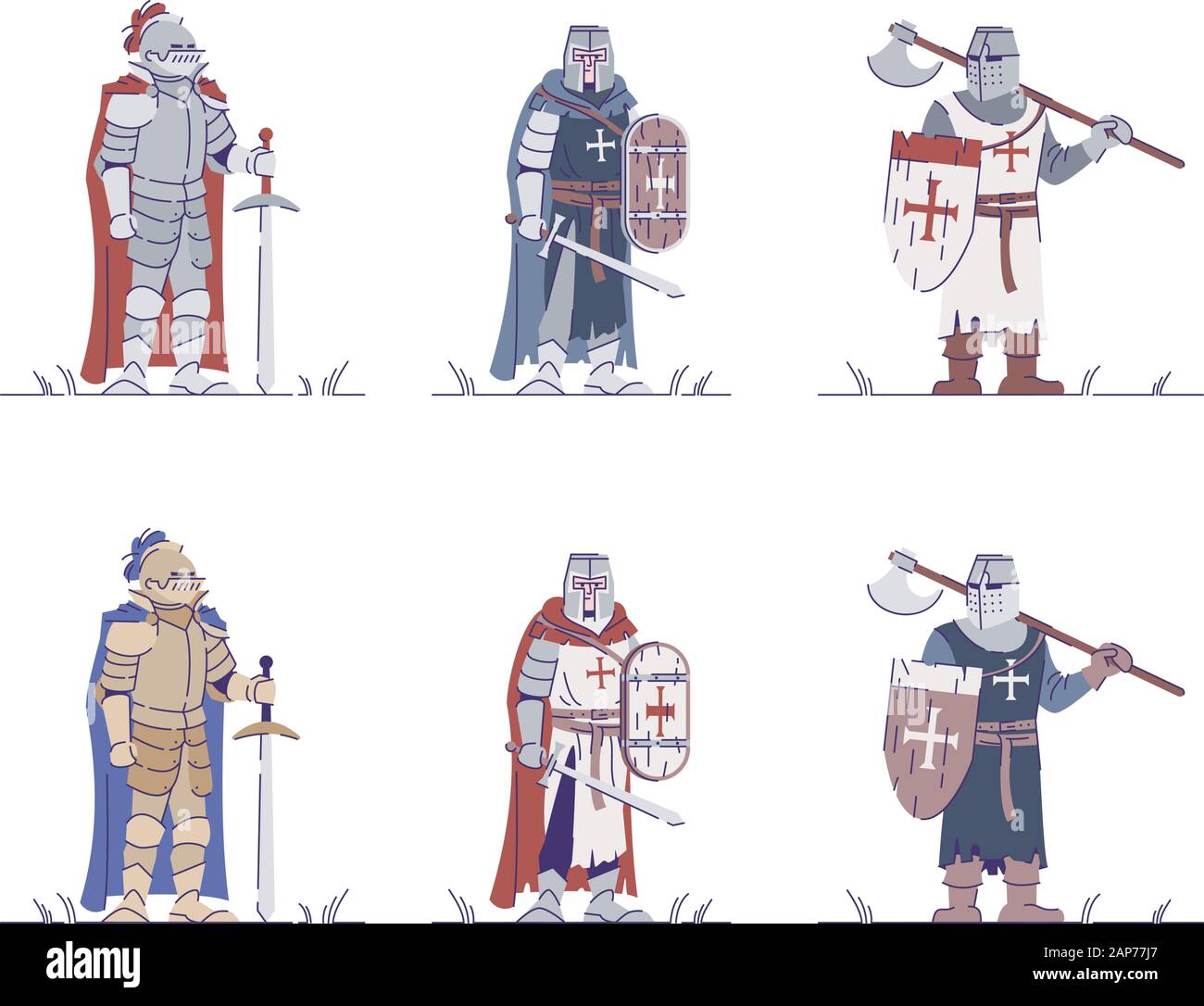 Caballeros medievales plana ilustraciones vectoriales. Guerreros blindados  aislados personajes de dibujos animados con elementos de esquema sobre  fondo blanco. Edad media cru Imagen Vector de stock - Alamy