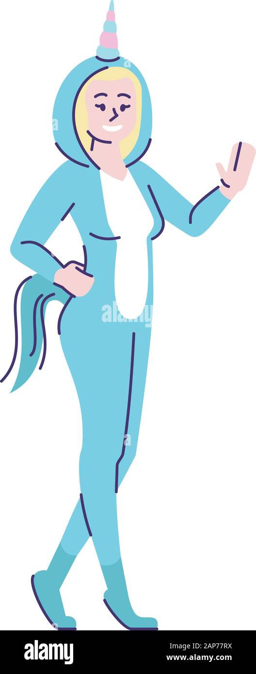 Niña vestidos con traje de unicornio flat ilustración vectorial. Mujer en traje de fiesta de Halloween de dibujos animados con elementos de esquema aislado en blanco ba Imagen Vector de stock - Niña vestidos con traje de unicornio flat ilustración vectorial. Mujer en traje de fiesta de Halloween de dibujos animados con elementos de esquema aislado en blanco ba Imagen Vector de stock -