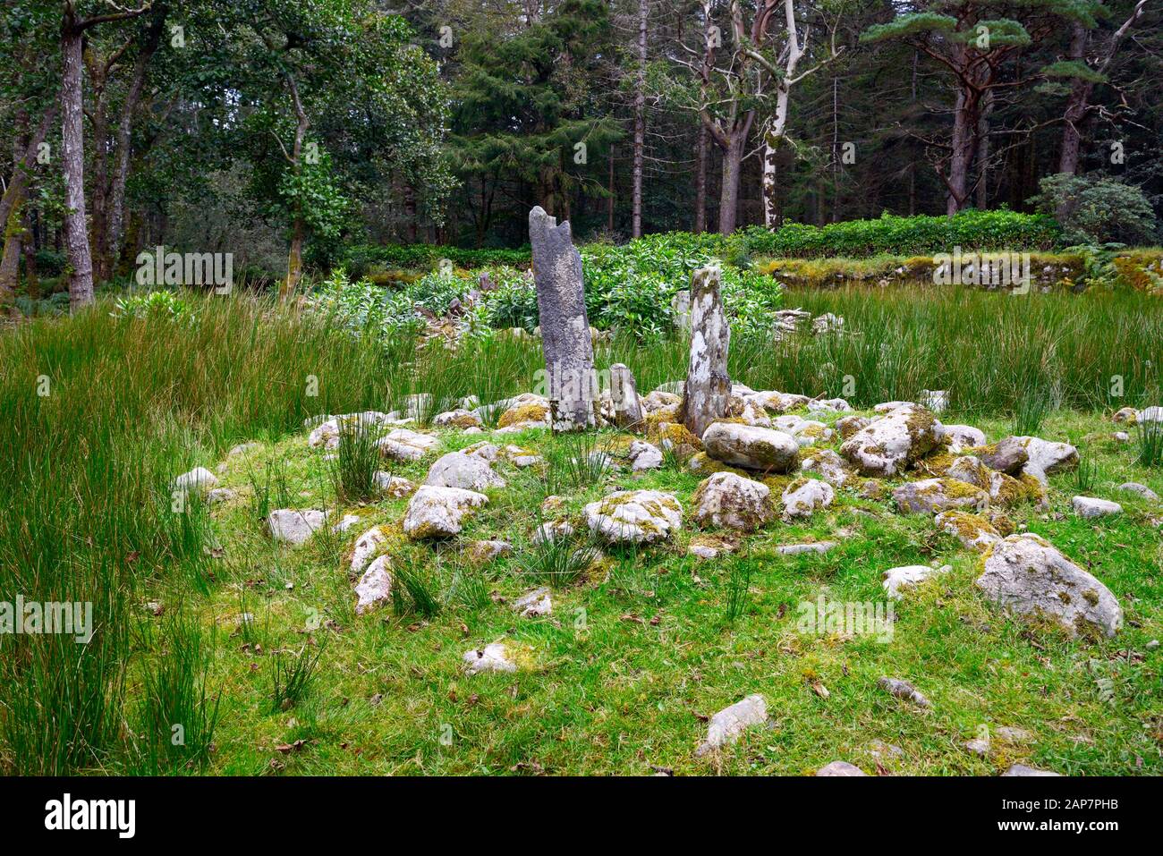 Piedra de pie en la cabeza de Dunlewy Lough, Donegal, Irlanda. La cruz temprana incisa a mitad de camino hacia abajo. Sepultura cristiana celta y posible yacimiento prehistórico Foto de stock