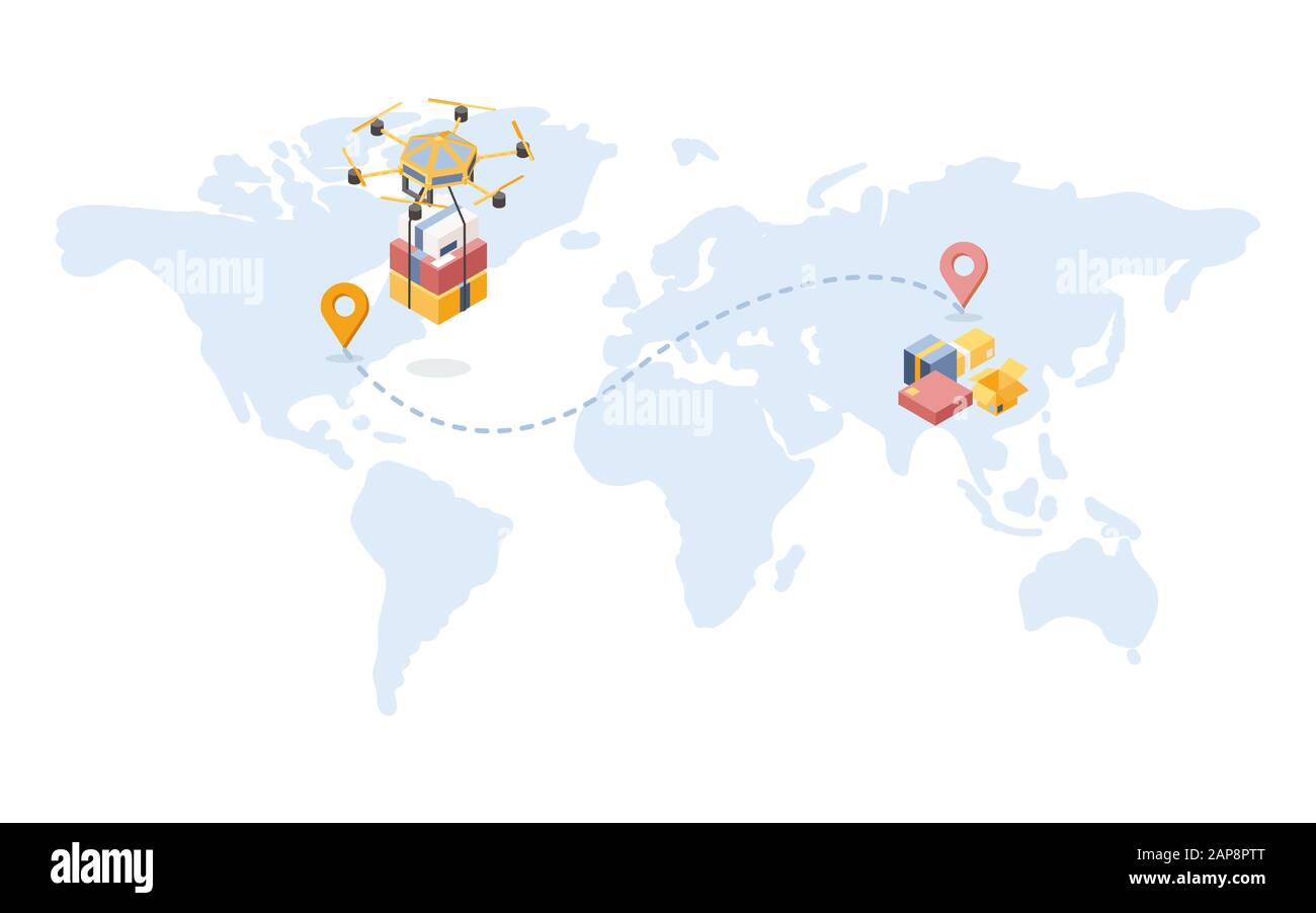Ilustración isométrica de entrega internacional de drones. Mapa de dibujos  animados con ruta de envío, geotags para vehículo aéreo futurista. Servicio  de oficina de correos, compañía logística, envíos a todo el mundo