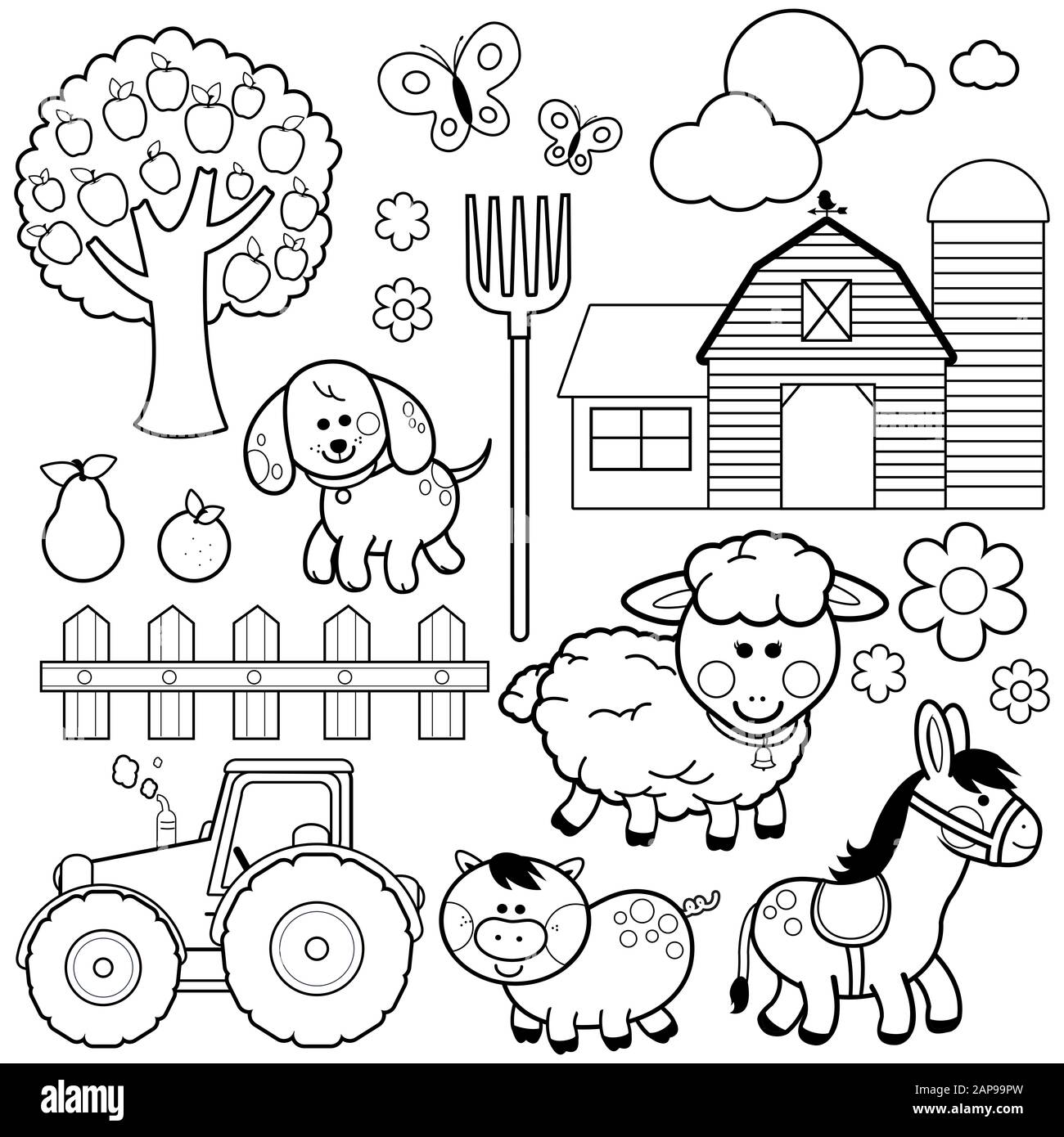 Colección de ilustraciones de animales de granja. Página para colorear en  blanco y negro Fotografía de stock - Alamy
