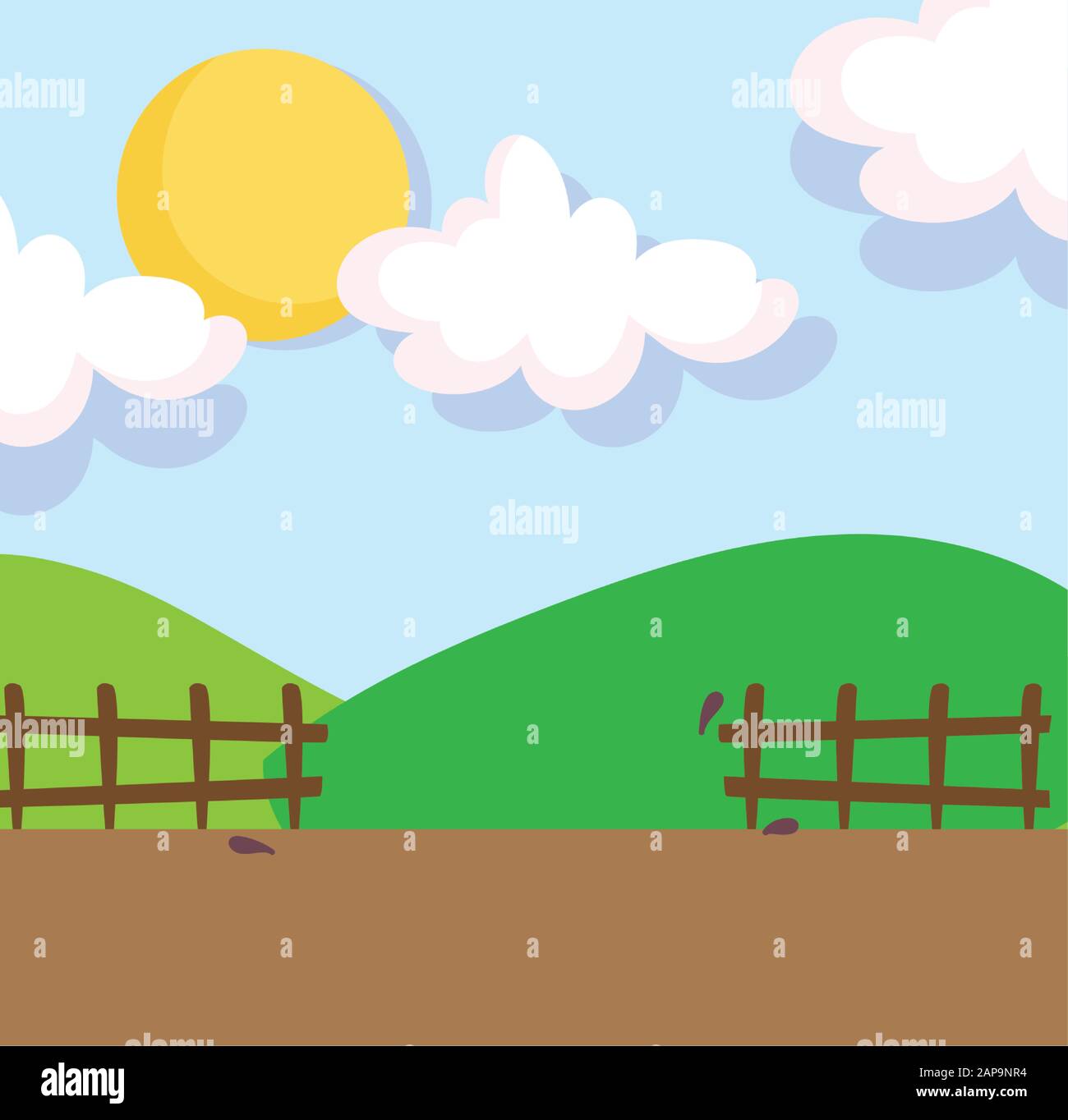 paisaje granja colinas cerca campo nubes sol dibujo animado vector  ilustración Imagen Vector de stock - Alamy