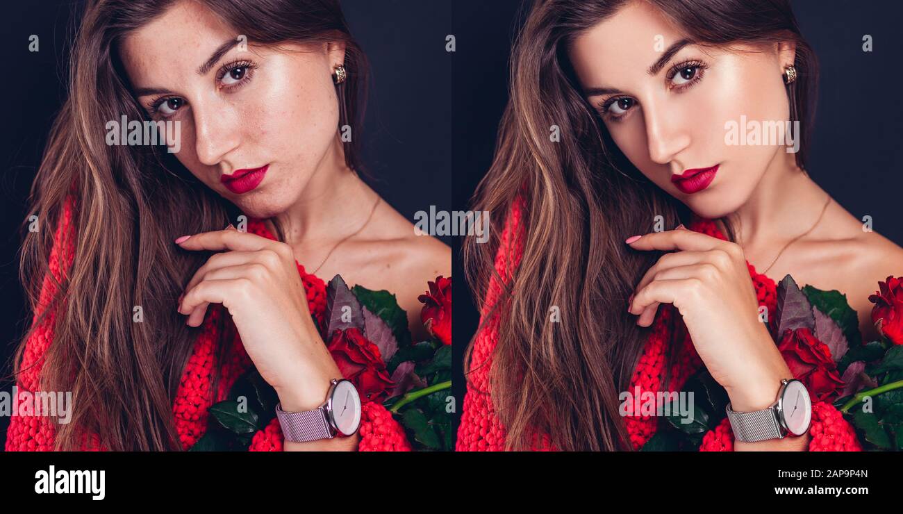 Antes y después de retocar la piel en el editor. Retratos de belleza de  mujer con maquillaje, piel editada Fotografía de stock - Alamy