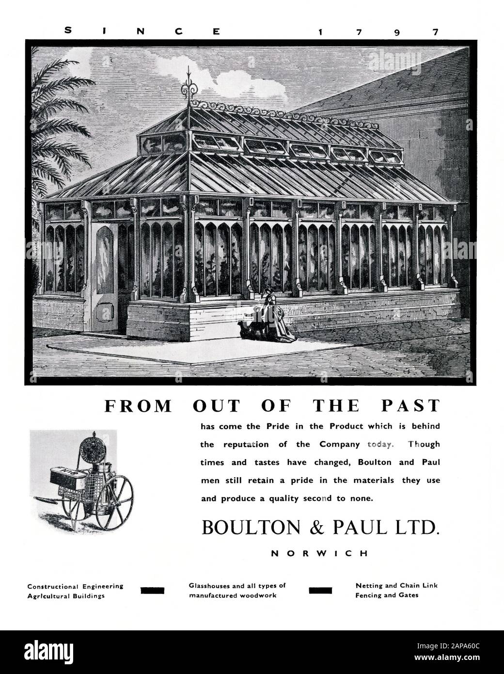 Un anuncio de 1951 para Boulton & Paul Ltd, una empresa de construcción e ingeniería con sede en Norwich, Norfolk, Inglaterra, Reino Unido. Esto apareció en una revista que marcó el Festival de Gran Bretaña celebraciones en Norwich ese año. La ilustración presenta un gran invernadero victoriano (invernadero). A principios de 1900 Boulton & Paul se había convertido en una exitosa empresa de fabricación. Durante la Segunda Guerra Mundial fue un importante productor de edificios prefabricados, redes de alambre y fabricación de piezas de aviones. Boulton & Paul produjo la mayor parte del marco de acero para el avión R101 que voló por primera vez en 1929. Foto de stock