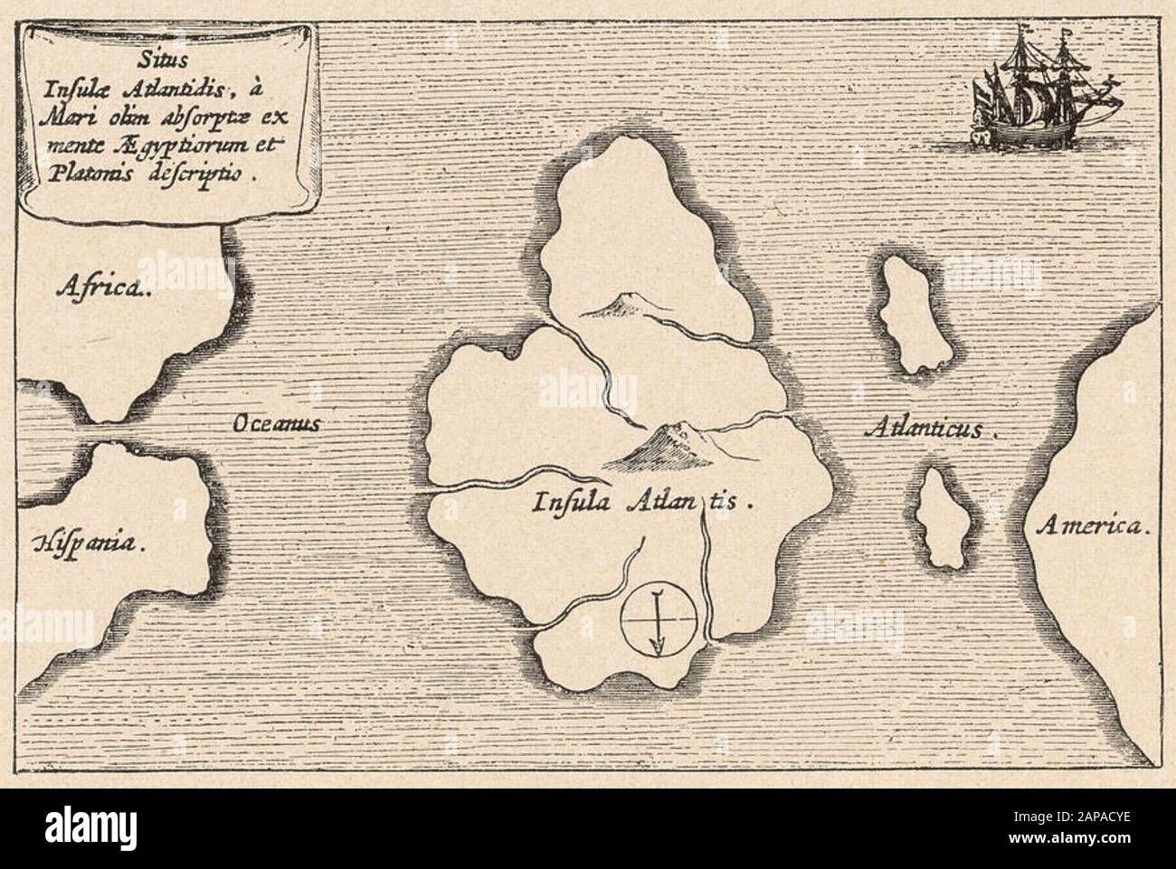 Atlantis como se muestra en el mapa de Athanasio Kircher en su Mundus Subterraneus publicado en Amsterdam en 1669. El sur está en la cima. Foto de stock