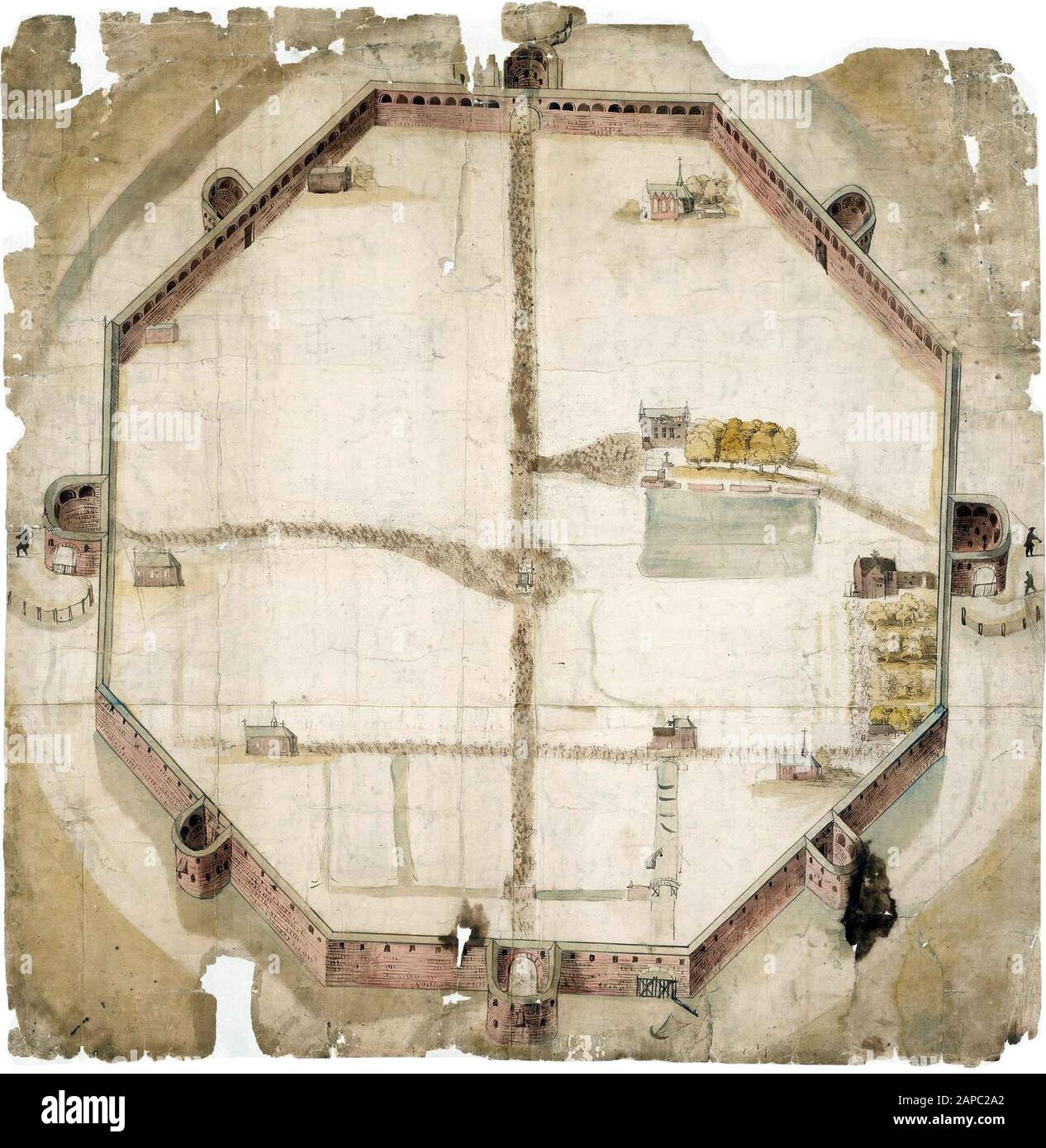 Mapa de 1530 que muestra los muros planeados pero nunca ejecutados de la haya. Mapa de 1530 que muestra los muros planeados pero nunca ejecutados de la haya, países Bajos.; Foto de stock