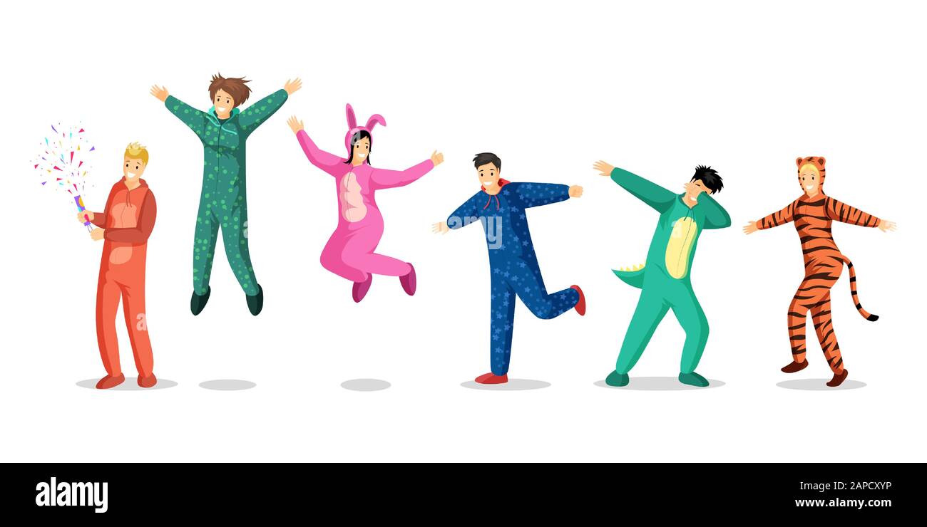 Personas en pijama vector ilustraciones conjunto. Felices chicas  adolescentes y chicos con trajes coloridos, niños en divertidos personajes  de dibujos animados pijama. Fiesta de pijamas, estancia de una noche,  elementos de diseño