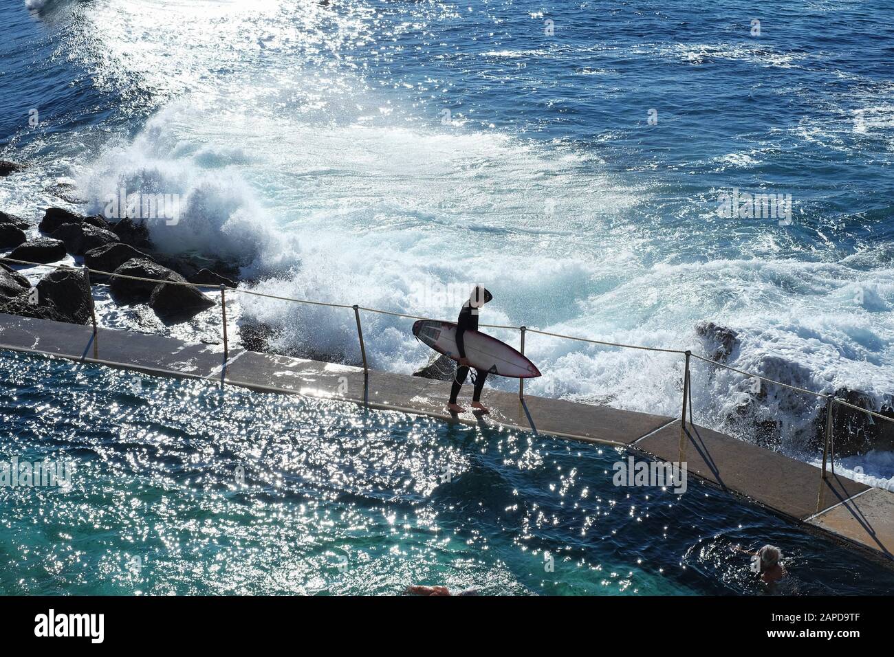 Un surfista camina al lado de la piscina Bronte Ocean para entrar en el surf en Morning Light Foto de stock