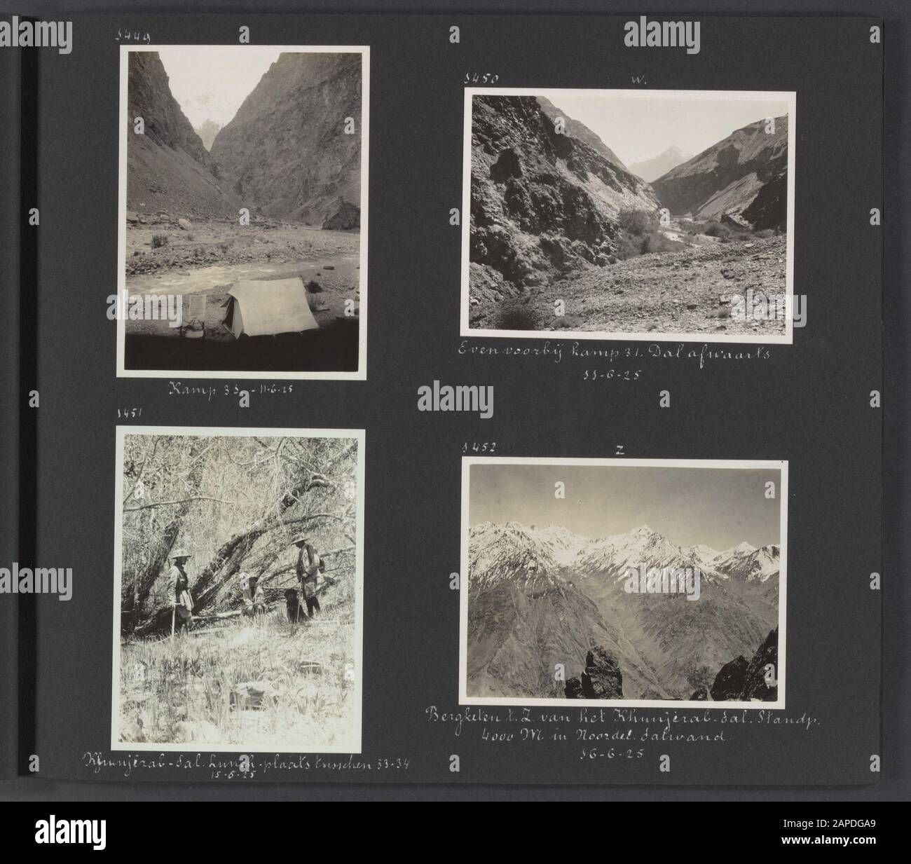Álbum de fotos Fisherman: Segunda expedición Karakorum Descripción: Hoja de álbum con cuatro fotos. Arriba a la izquierda: Una tienda en Camp 30. Arriba a la derecha: Vista cuesta abajo justo después del campamento 31. Abajo a la izquierda: El lugar de almuerzo en el valle de Khunjirab entre los campamentos 33 y 34, incluyendo Jenny Visser-Hooft y el perro Patiala. Abajo a la derecha: La cordillera al sur del valle de Khunjirab, tomada a 4000 metros de altitud en el muro del valle norte anotación: El perro Patiala, un Mastiff tibetano, fue un regalo del Maharaja de Patiala a Jenny Visser-Hooft en 1925 Fecha: 1 de enero de 1925 ubicación: Karakorum, Khunjirab, Pakistán Foto de stock