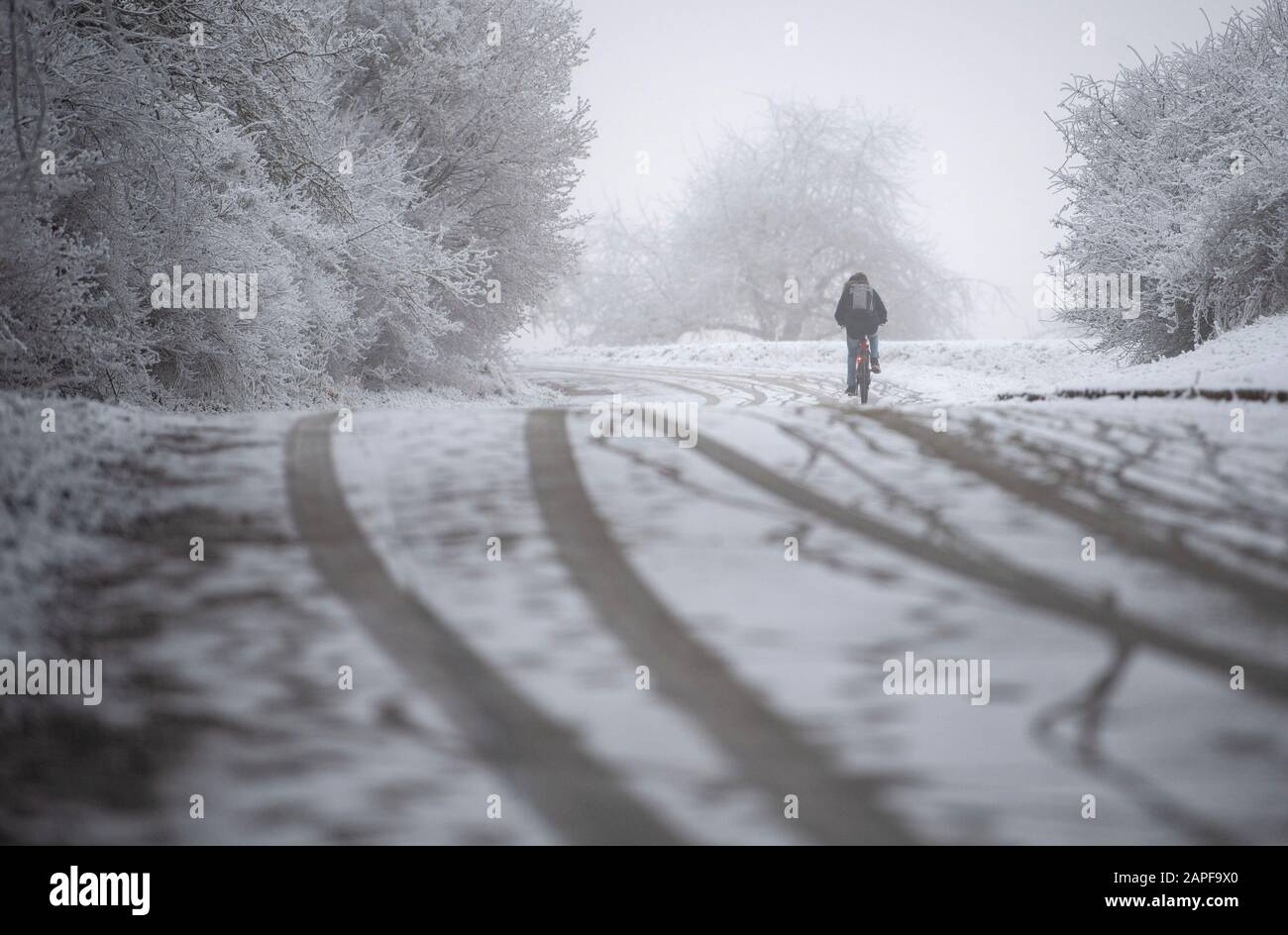Blaustein, Alemania. 23 de enero de 2020. Un niño está conduciendo por una carretera con nieve. Crédito: Marijan Murat/Dpa/Alamy Noticias En Vivo Foto de stock