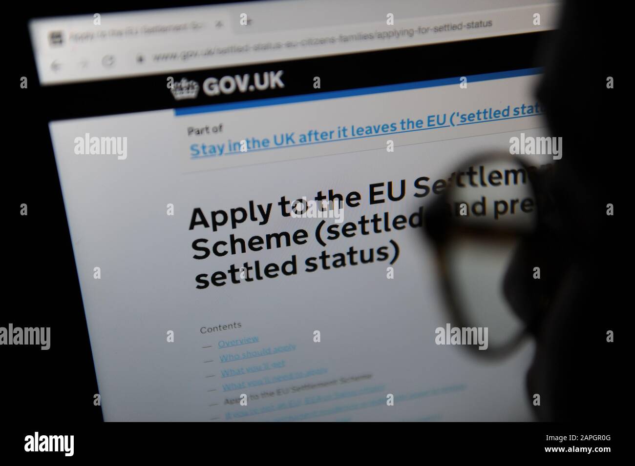 Asesoramiento Sobre La Aplicación al sistema de liquidación de la UE visto a través de una lupa en el sitio web del Gobierno del Reino Unido Foto de stock