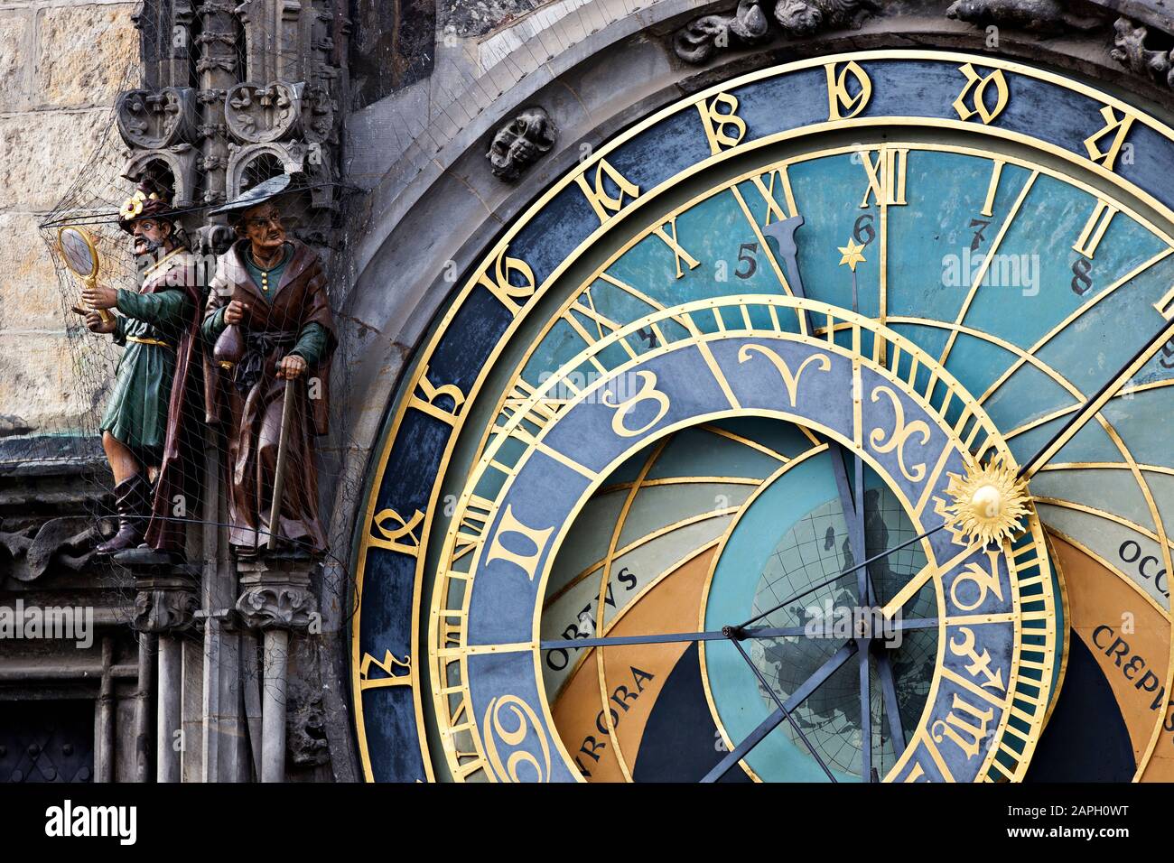 El detalle del Reloj Astronómico de Praga con el reloj mecánico y el reloj astronómico data de 1410. El Reloj Astronómico está montado en el O Foto de stock