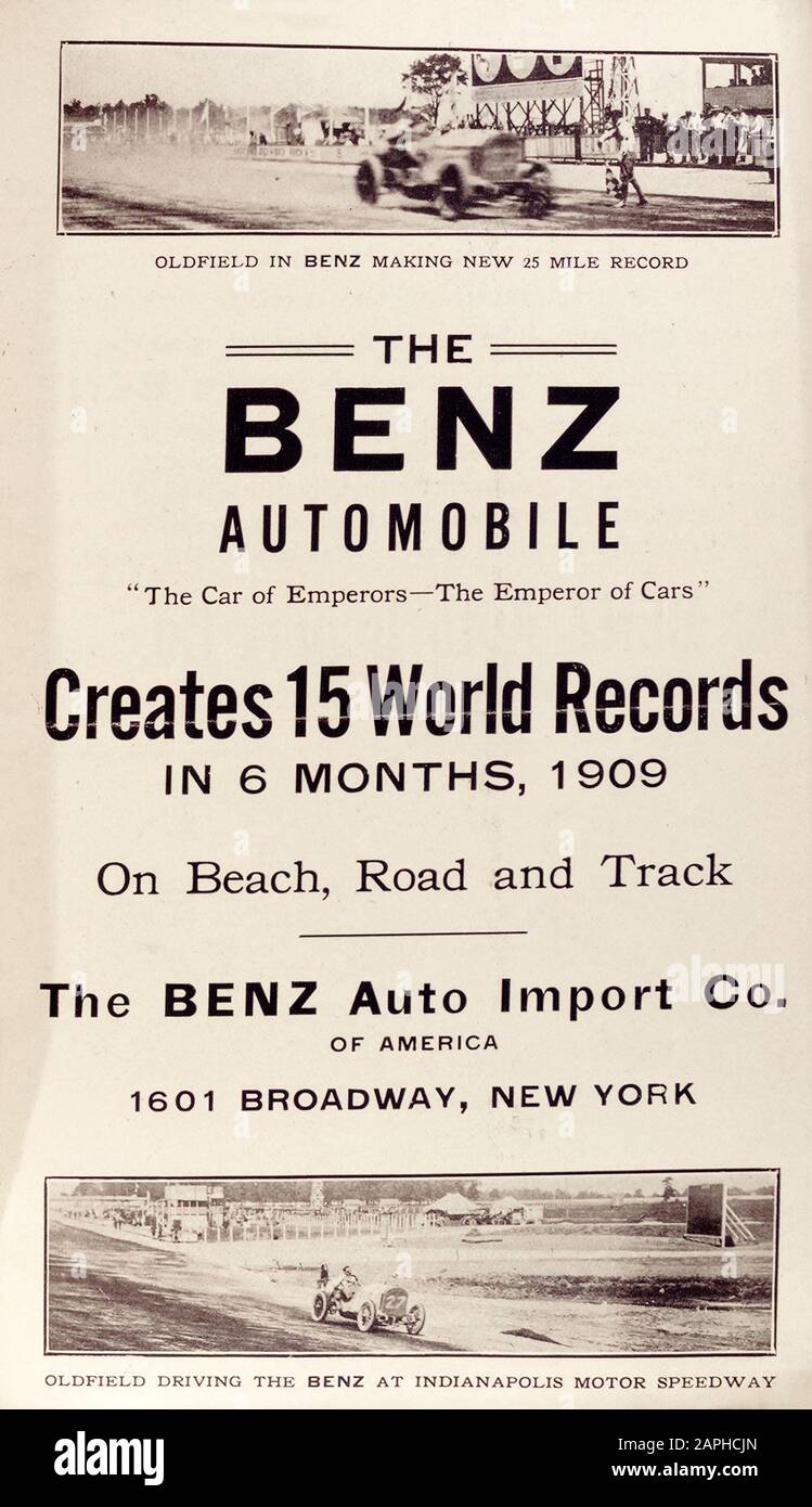 Coche de época, folleto de anuncios de automóviles Benz, coche de motor, el automóvil Benz crea 15 récords mundiales en 6 meses, fotografía, 1909 Foto de stock