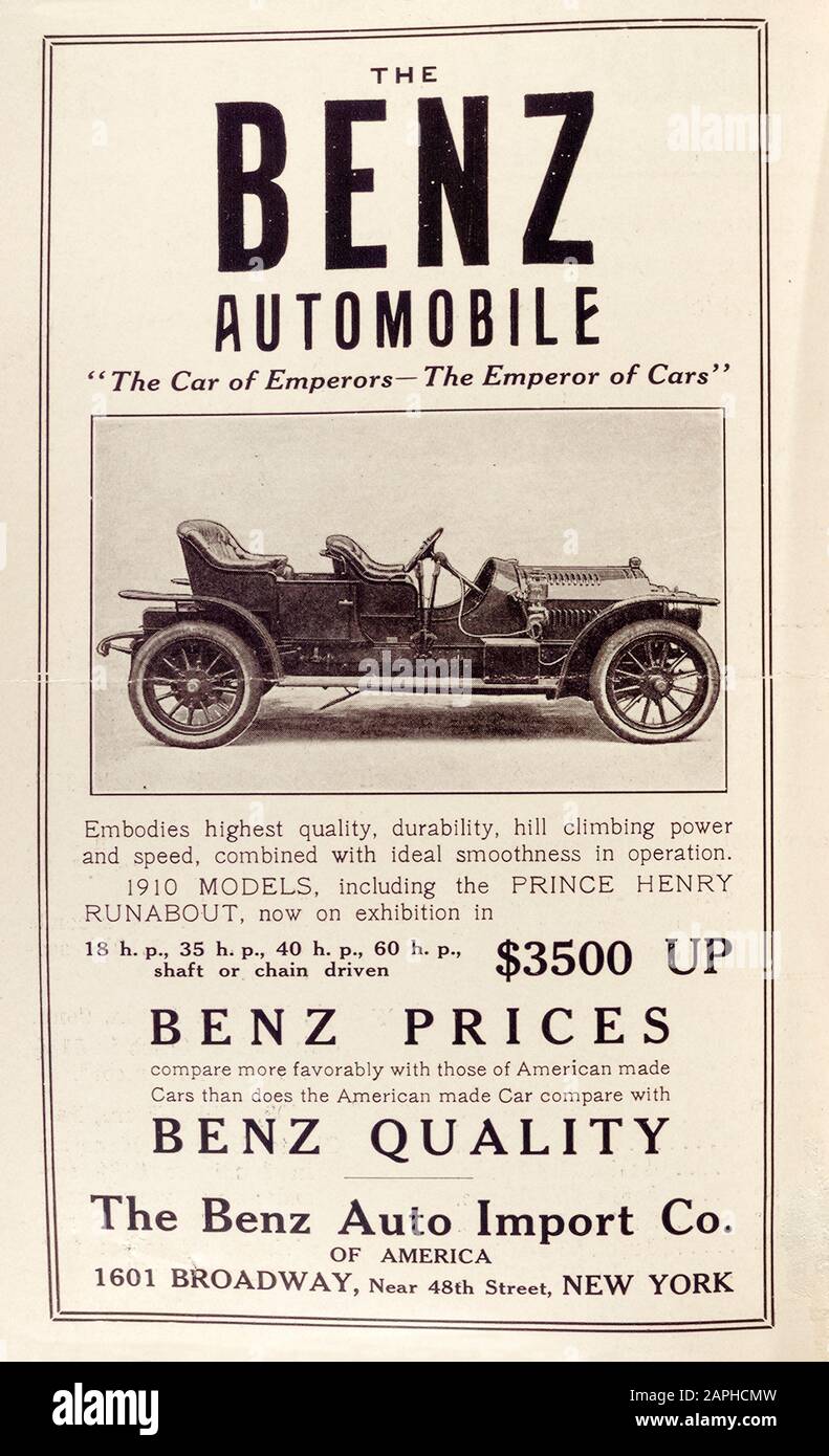 Coche de época, folleto de anuncios de automóviles Benz para un coche de motor, el modelo de automóvil Benz (Prince Henry Runabout), fotografía, 1909 Foto de stock