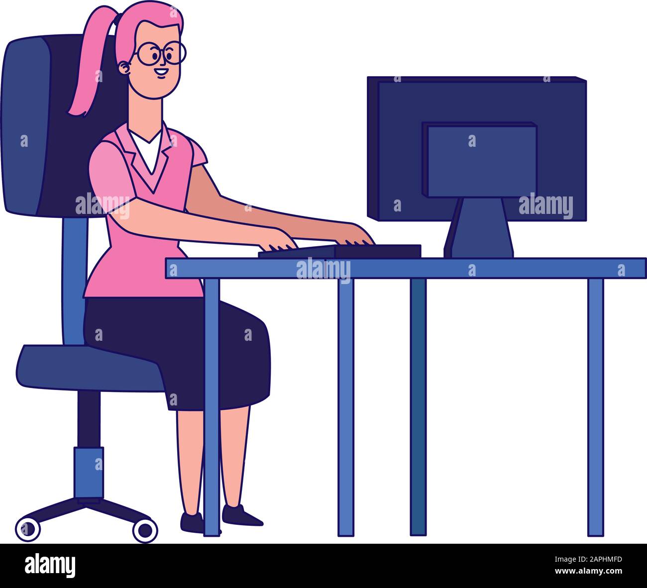mujer de dibujos animados trabajando en el escritorio de la oficina con  computadora Imagen Vector de stock - Alamy