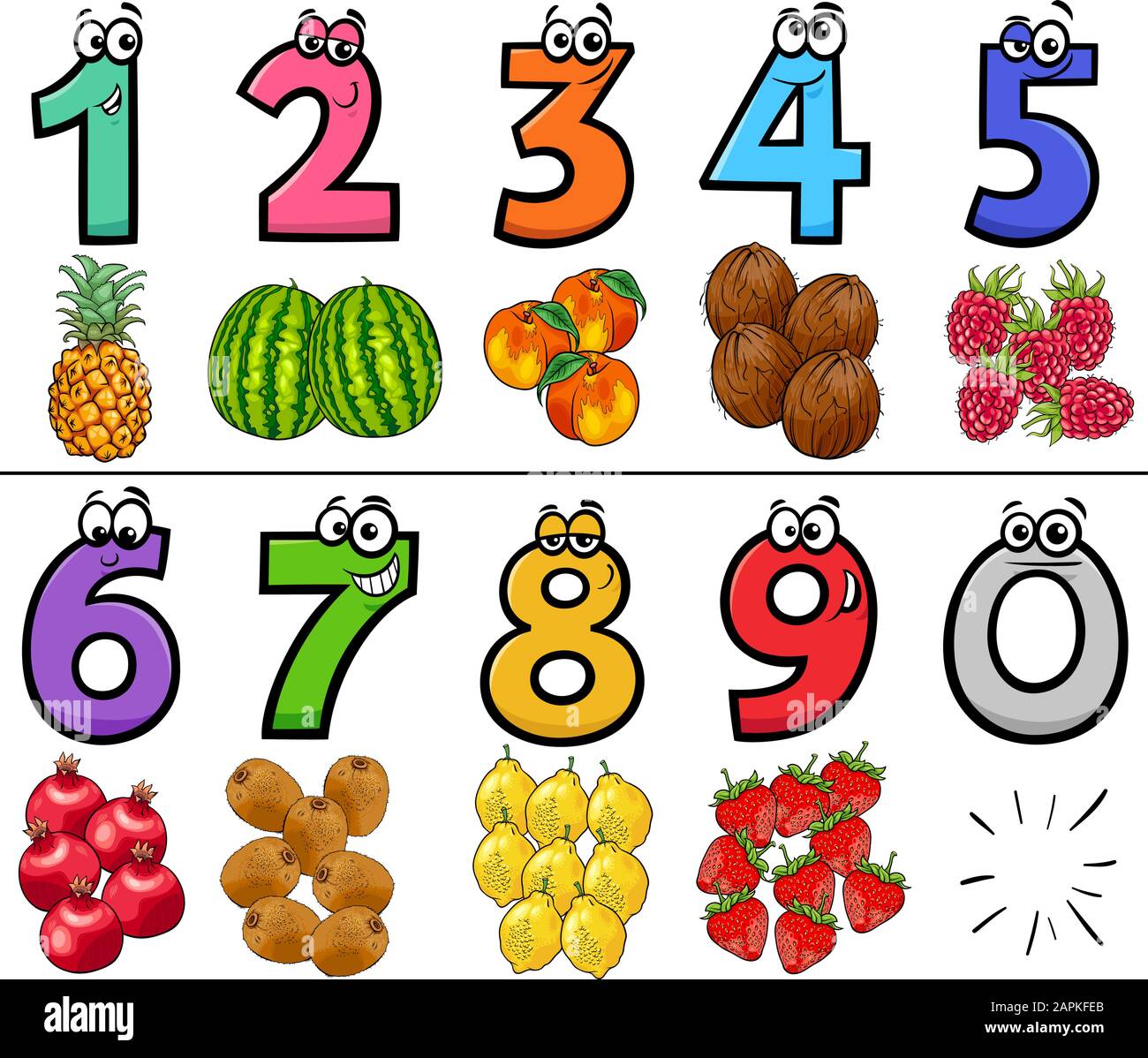 Ilustración de dibujos animados De Números educativos De Uno A Nueve con  Frutas objetos alimenticios Imagen Vector de stock - Alamy