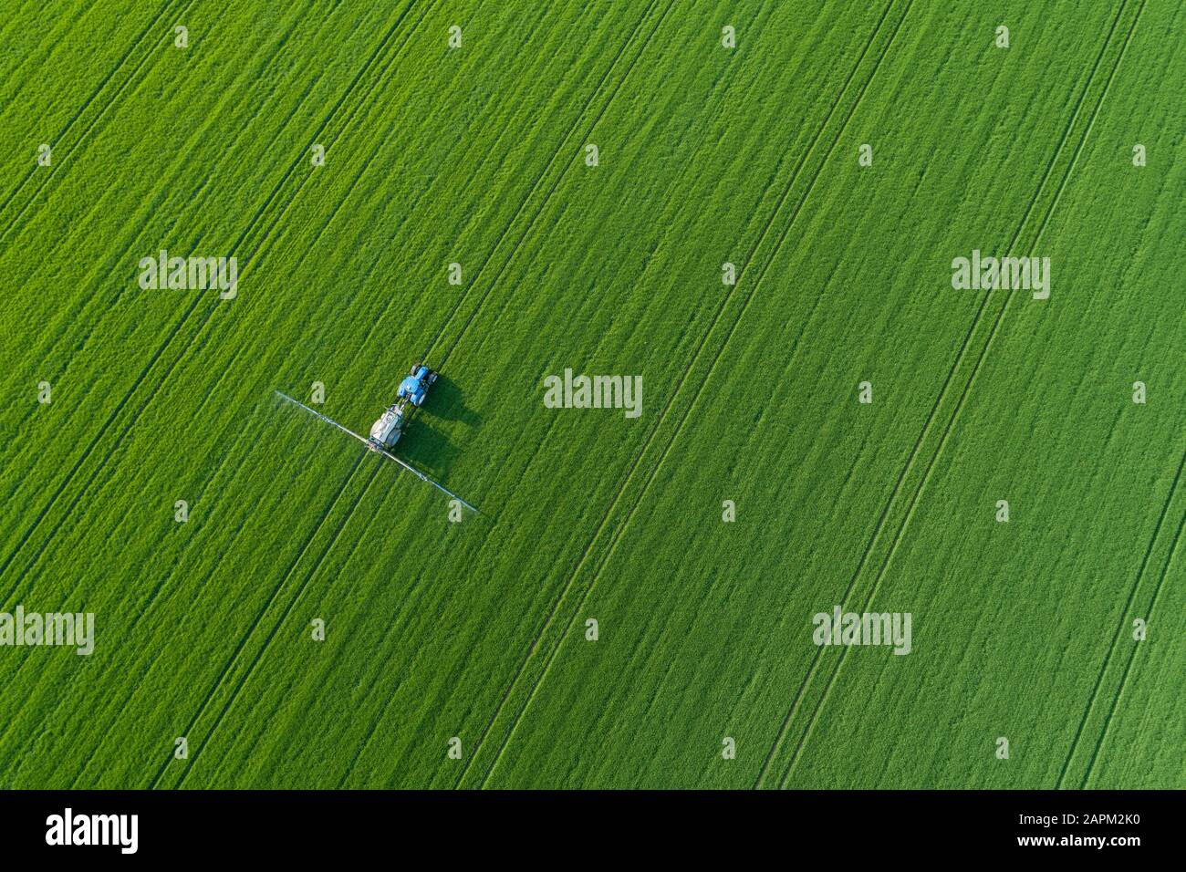 Vista aérea de la pulverizadora de cultivos en el campo agrícola verde. Saale-Orla-Kreis, Turingia, Alemania, Europa. Foto de stock