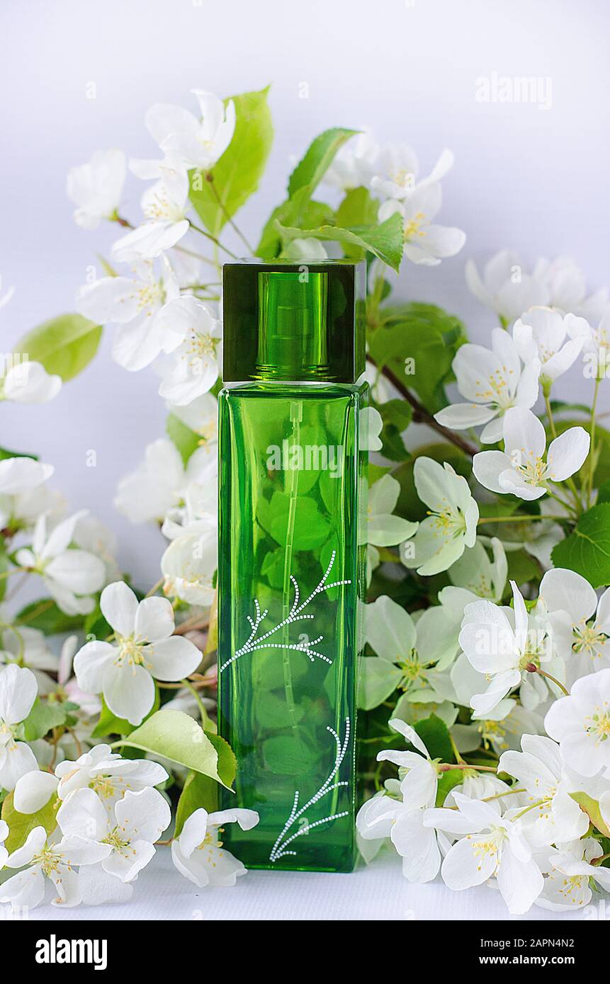 Perfume, agua de inodoro, botella verde sobre fondo de flores blancas  primaverales de un manzano sobre fondo blanco. Para la publicidad de  cosméticos. Horizonte Fotografía de stock - Alamy